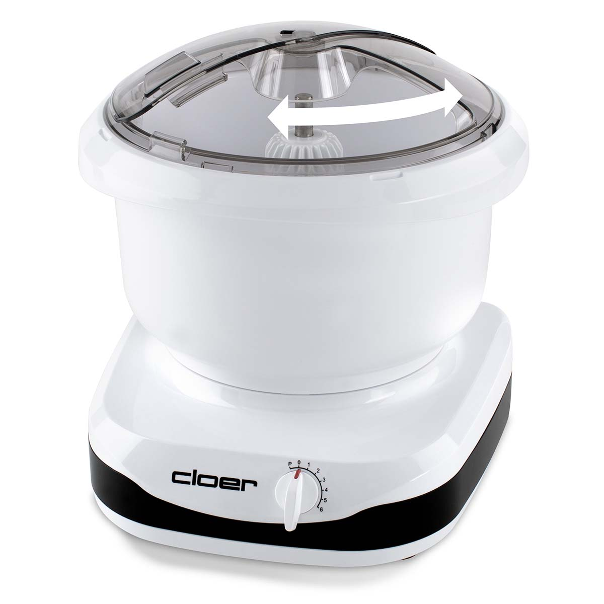 Weißer Küchenmixer mit transparenter Abdeckung und Drehzahlregler.