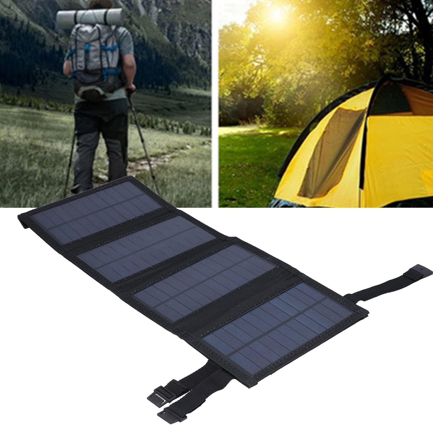 Ein Wanderer mit Rucksack und Stöcken vor Bergen; ein gelbes Zelt im Sonnenschein; ein faltbares Solarpanel.