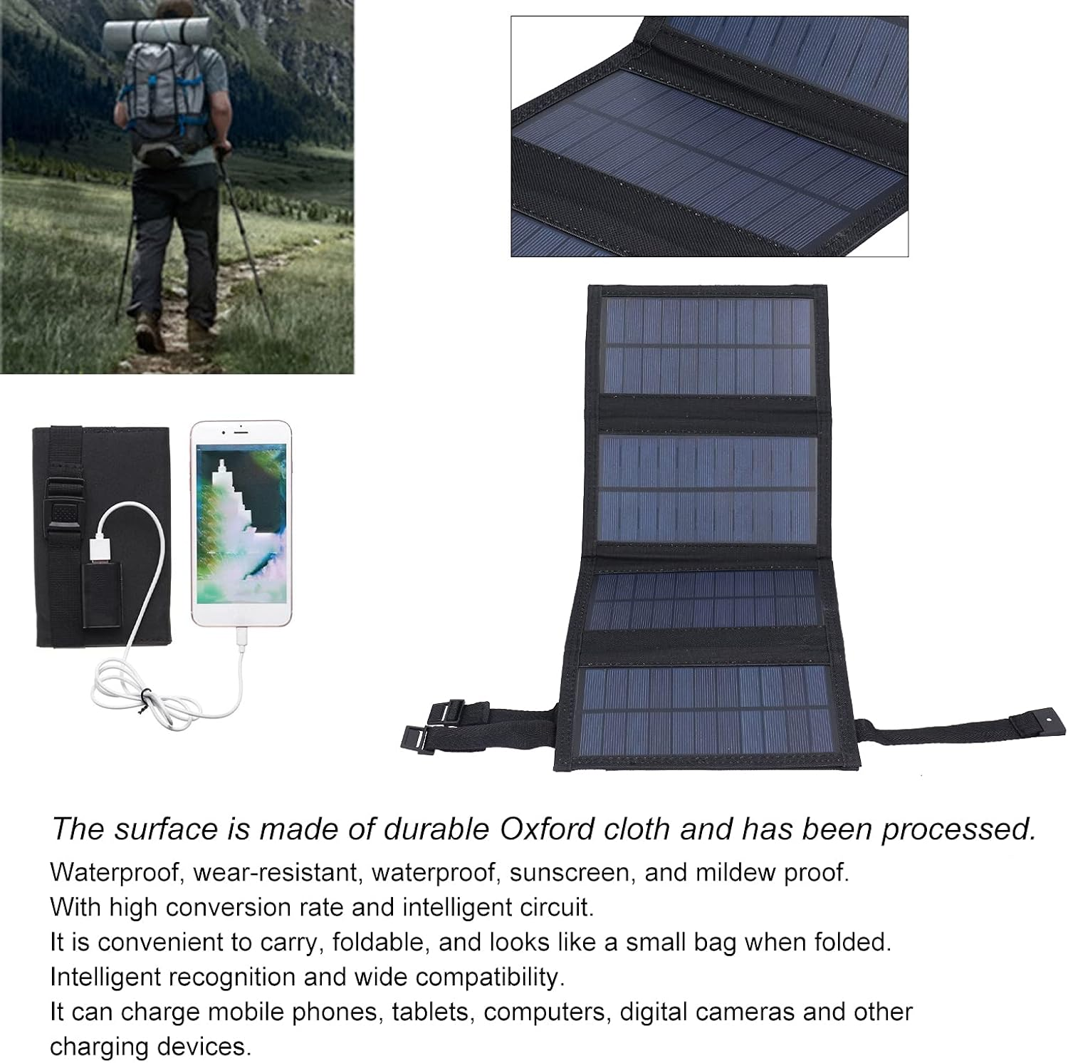 Ein Wanderer mit Rucksack geht einen Weg entlang. Daneben sind Solarpanels zu sehen.