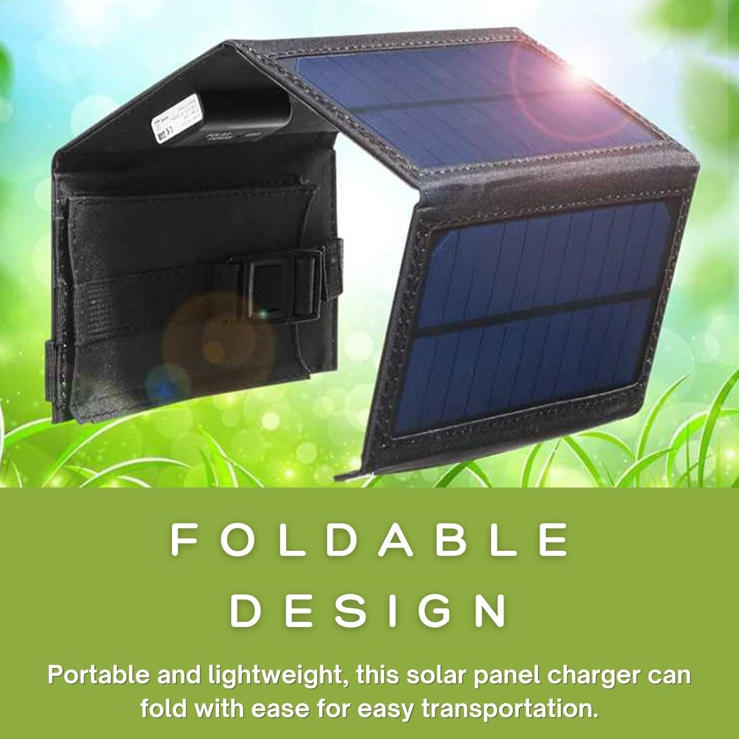Schwarzes faltbares Solarpanel mit blauen Zellen, im Freien.