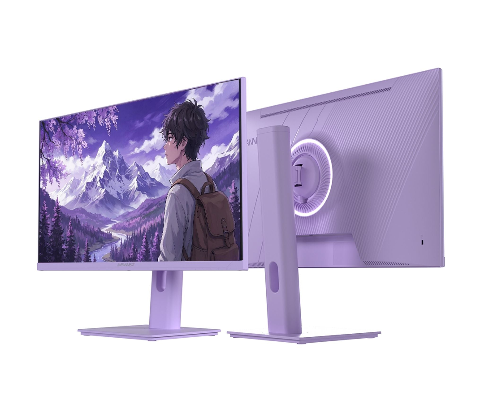 Ein lila Monitor zeigt ein Anime-Bild eines Jungen vor Berglandschaft. Hinten ist ein weiterer Monitor.
