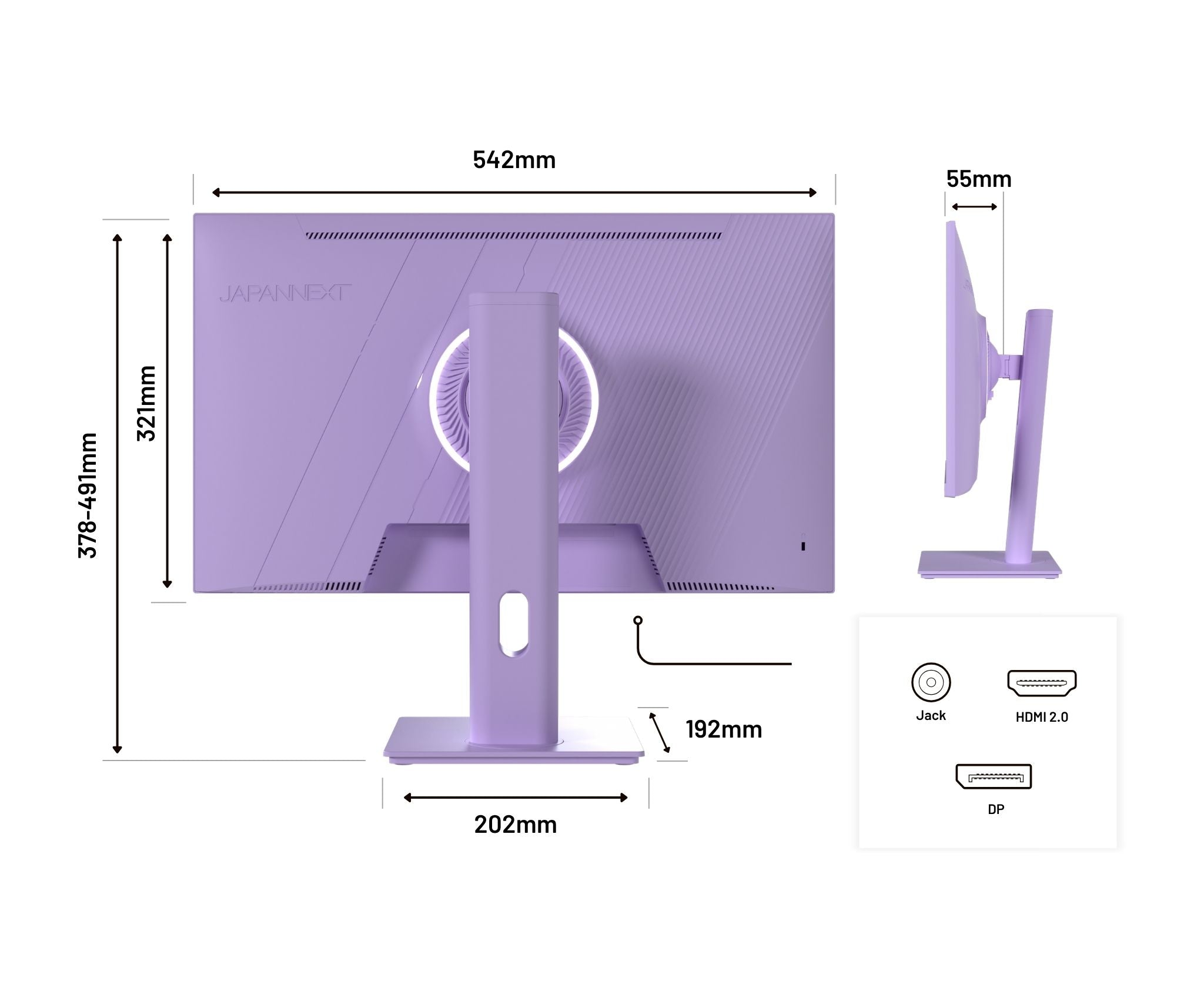 Lila Monitor mit Maßen und Anschlüssen: Jack, HDMI 2.0, DP.