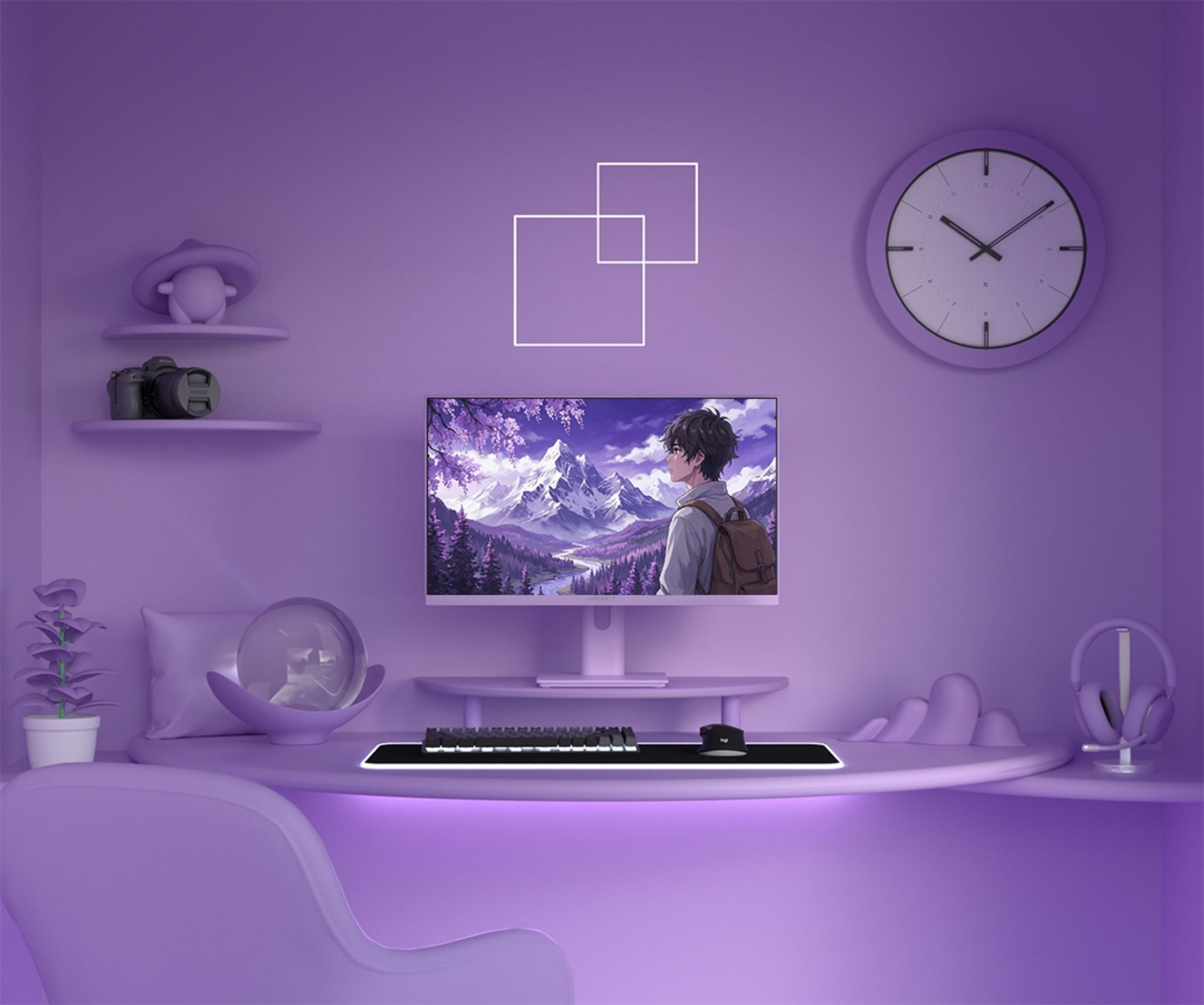 Ein lila Schreibtisch mit einem Monitor, der eine Anime-Szene anzeigt.