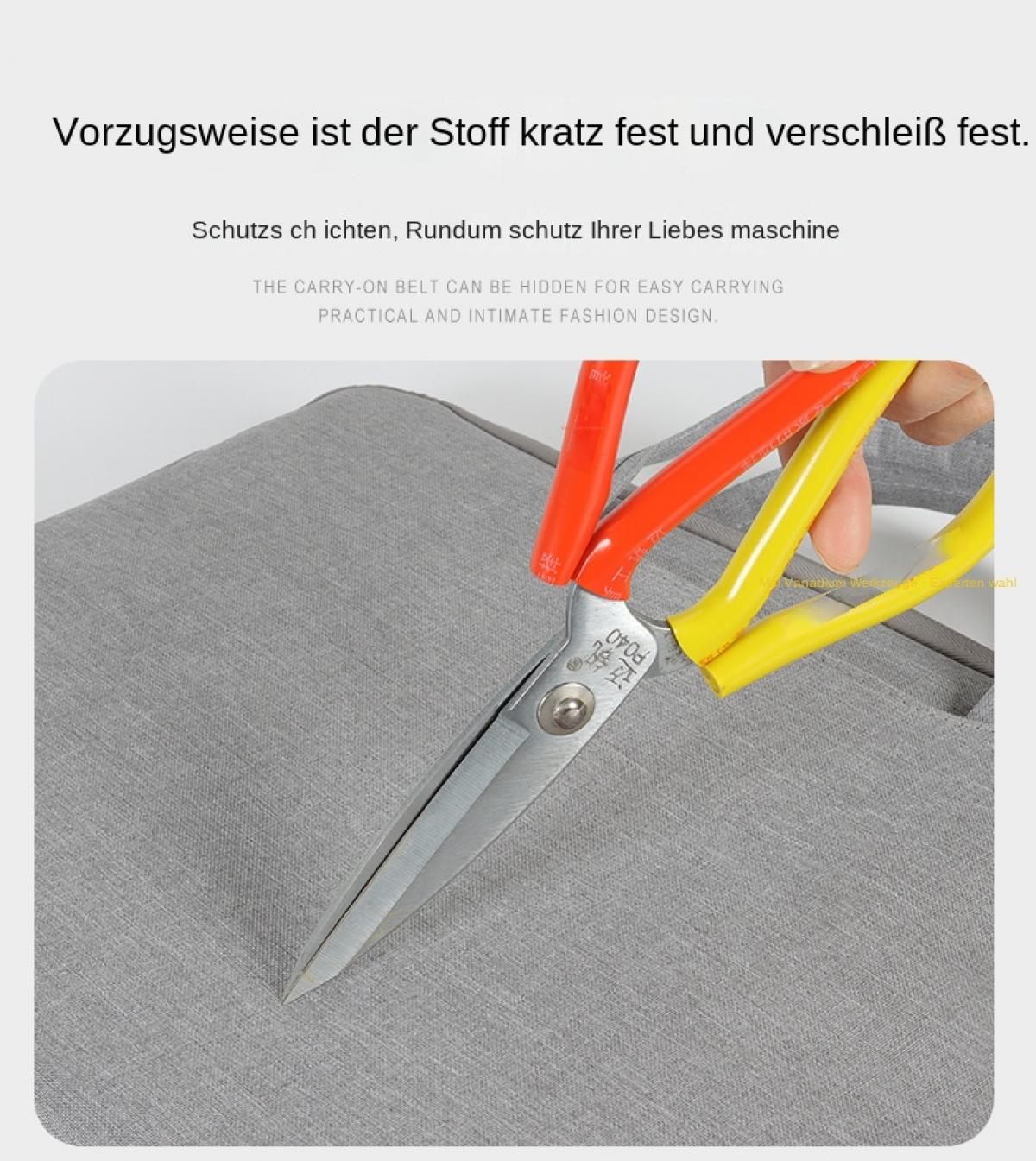 Schere mit roten und gelben Griffen schneidet grauen Stoff. Text auf Deutsch und Englisch.