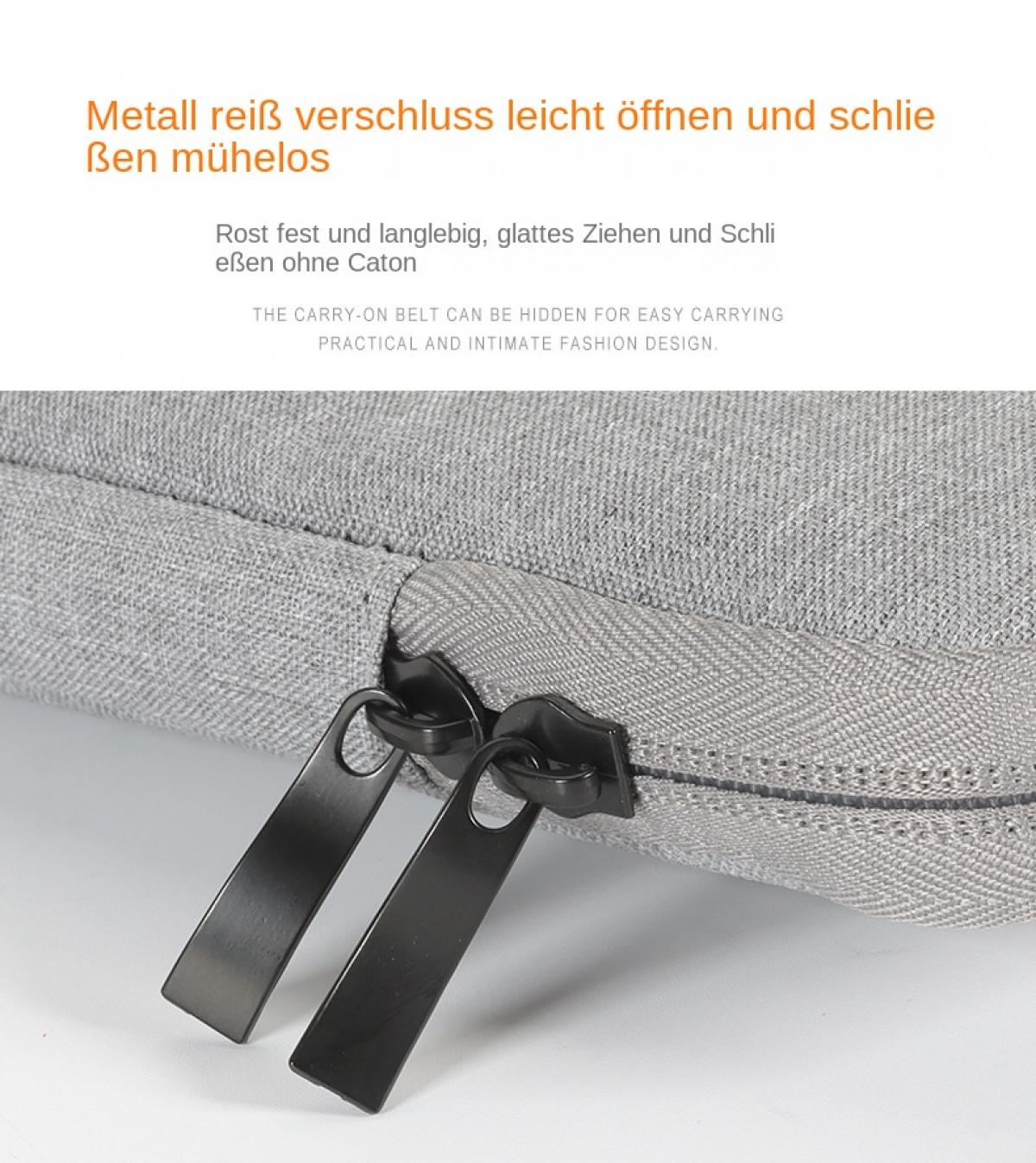 Nahaufnahme einer grauen Stofftasche mit zwei schwarzen Reißverschlussschiebern. Text überlagert das Bild.