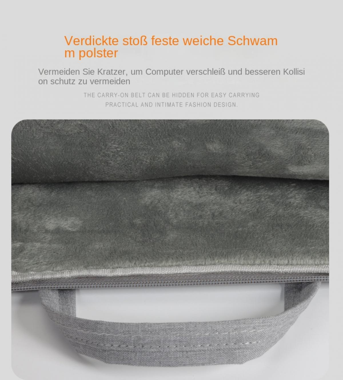 Graues, gepolstertes Laptopfach mit Tragegriff und Reißverschluss.