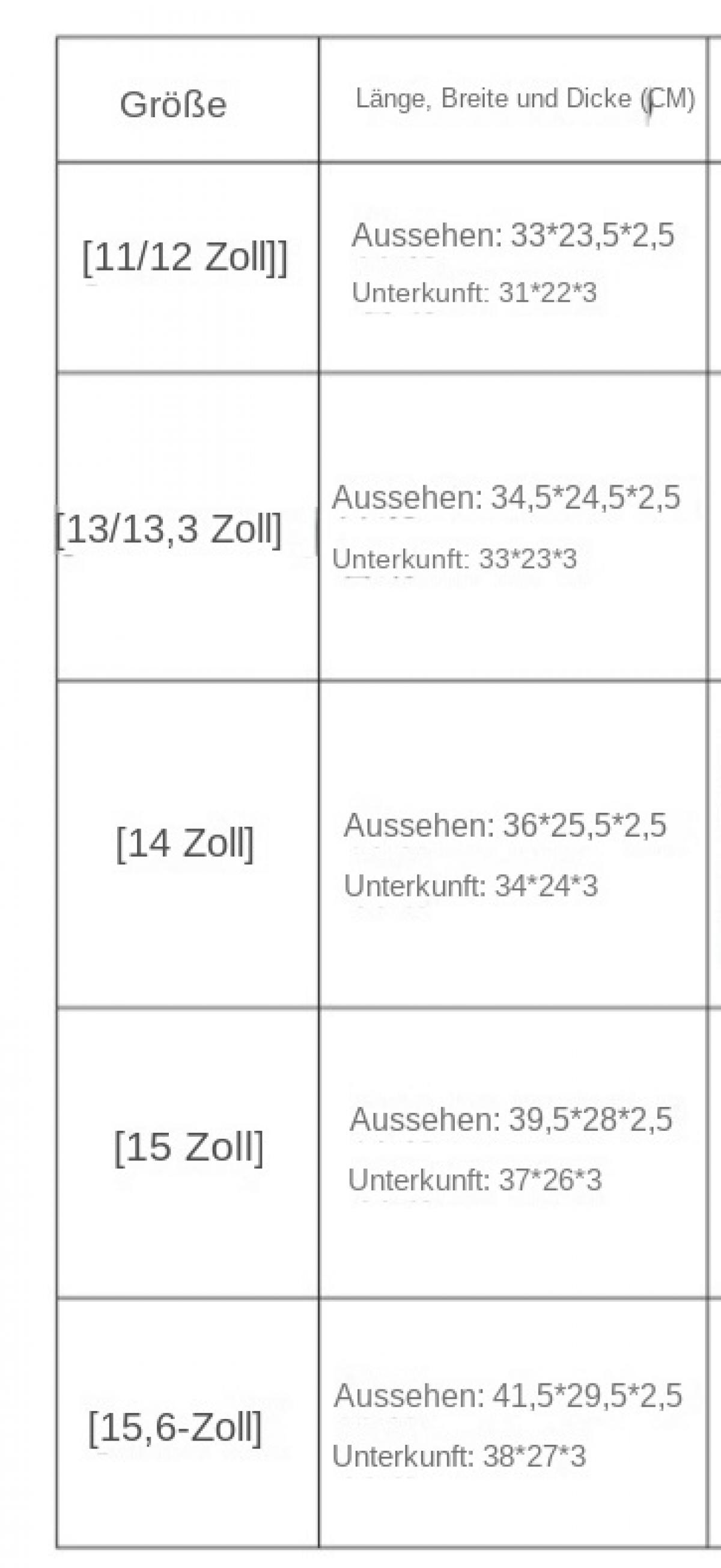 Tabelle mit Größen und Maßen in cm. Zeigt Außenmaße und Innenmaße.