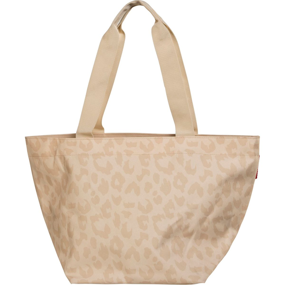 Eine beige Einkaufstasche mit Leopardenmuster und zwei Trägern.