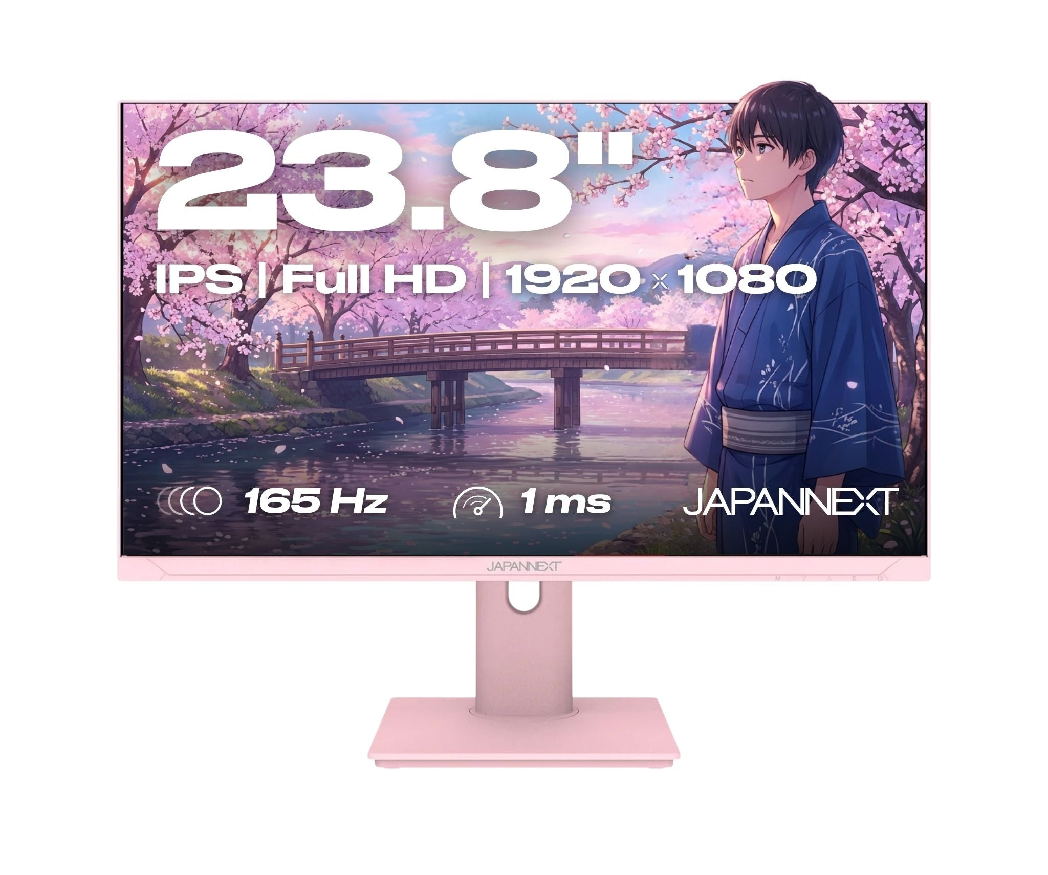 Ein rosafarbener Monitor zeigt eine Anime-Szene mit Kirschblüten, einer Brücke und einem Jungen.