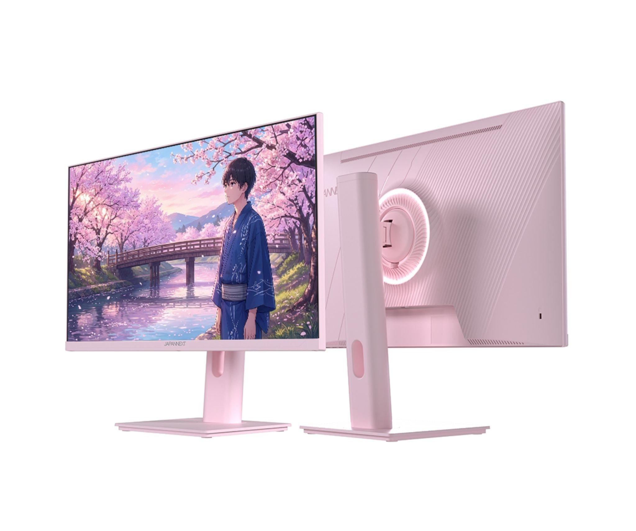 Ein rosa Monitor zeigt ein Anime-Bild eines Mannes im Kimono am Fluss. Die Rückseite des Monitors ist sichtbar.