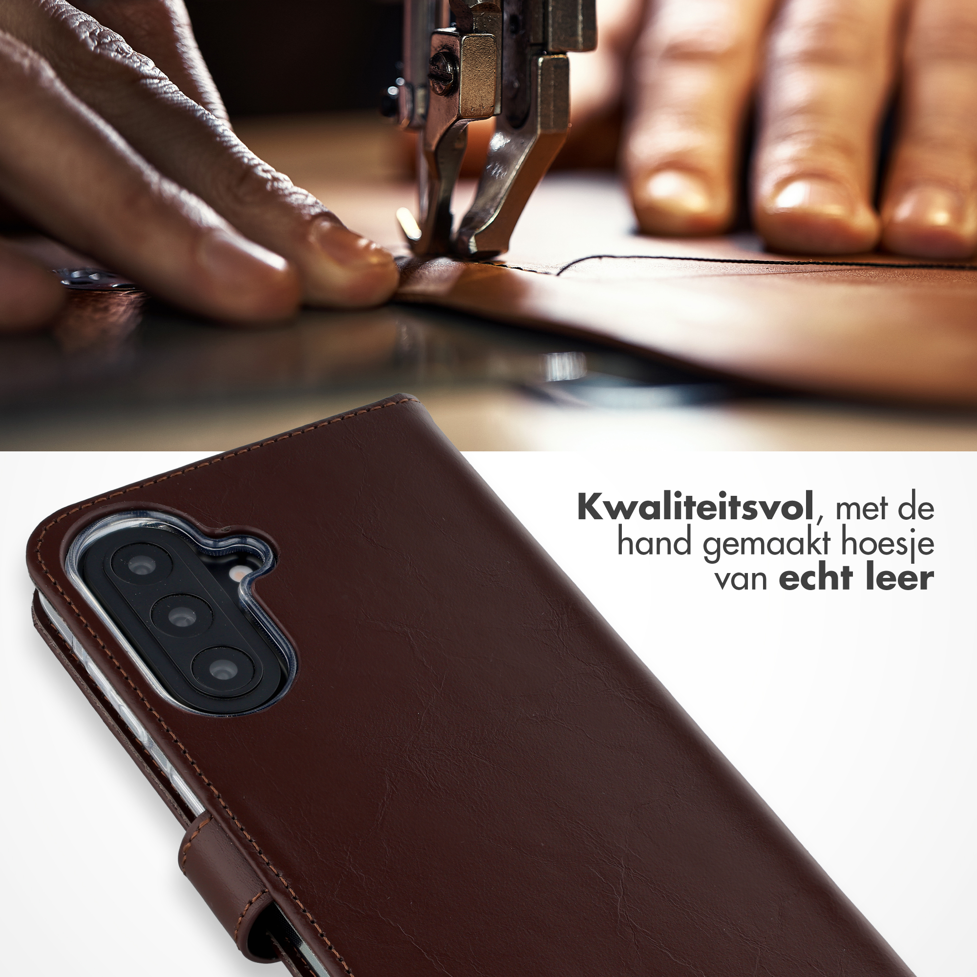 Bruine lederen telefoonhoes close-up, met de hand gestikt.