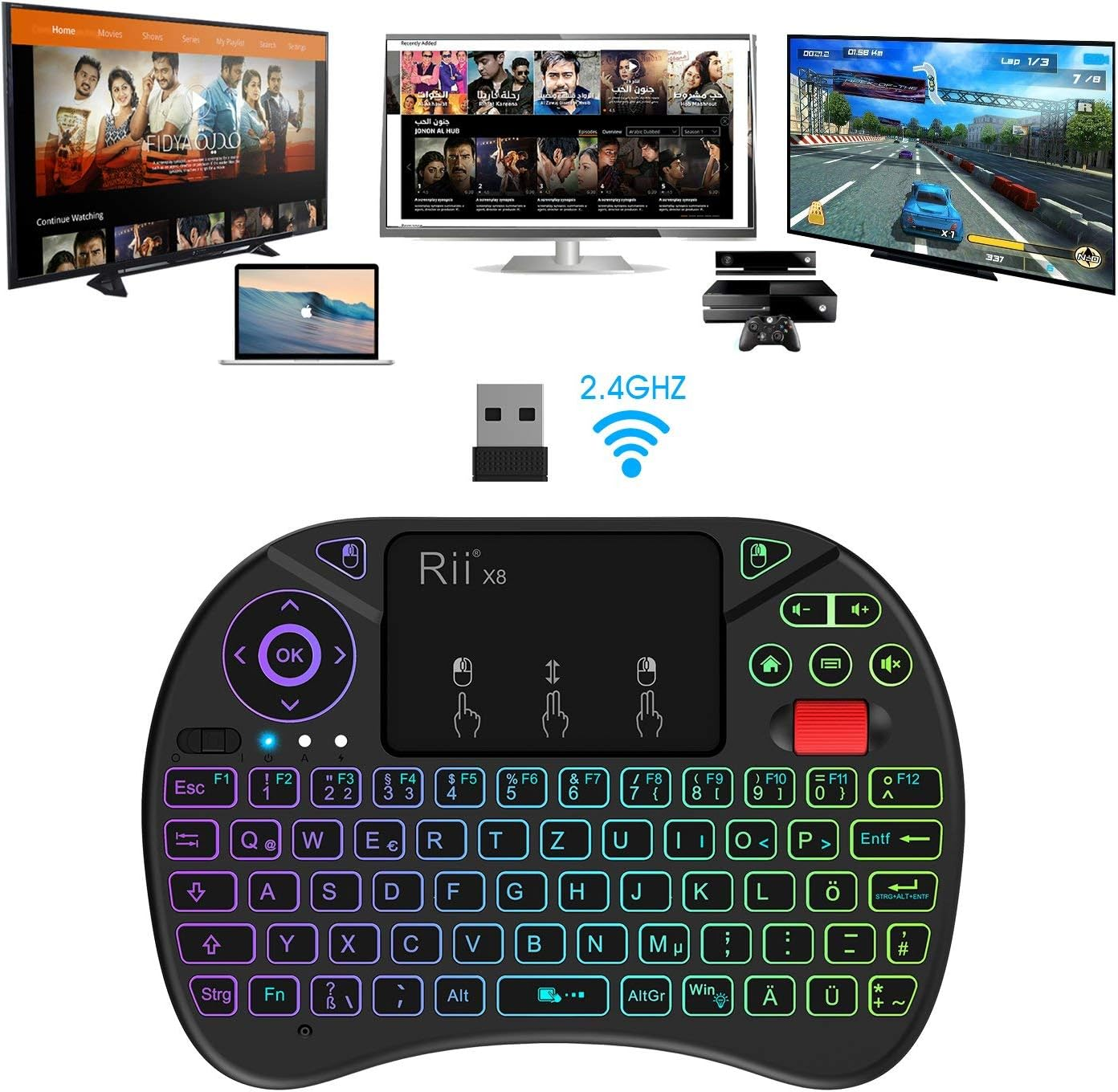 Ein Rii x8 Mini-Tastatur-Controller und drei Bildschirme mit Spielen und Filmen.