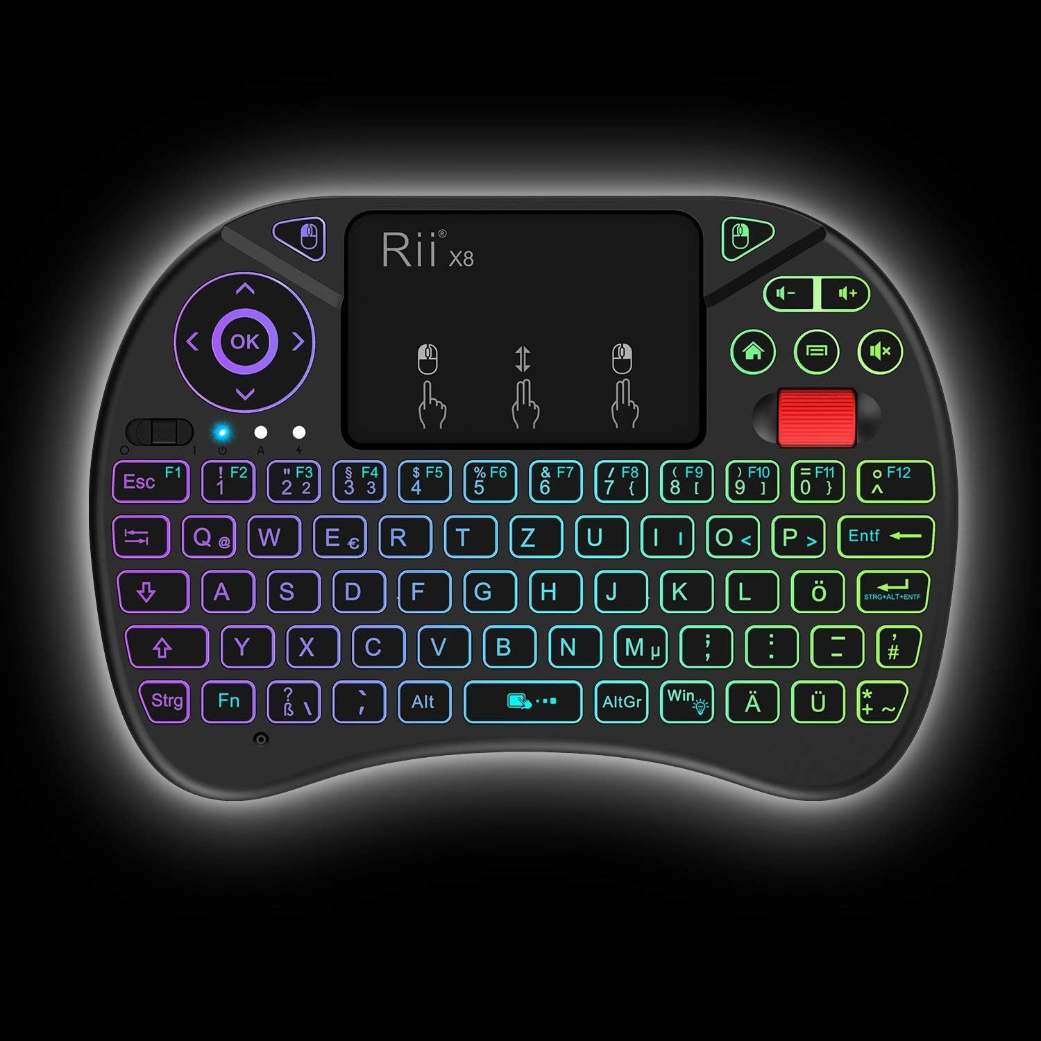 Eine beleuchtete schwarze Tastatur mit Touchpad und Bedienfeld.