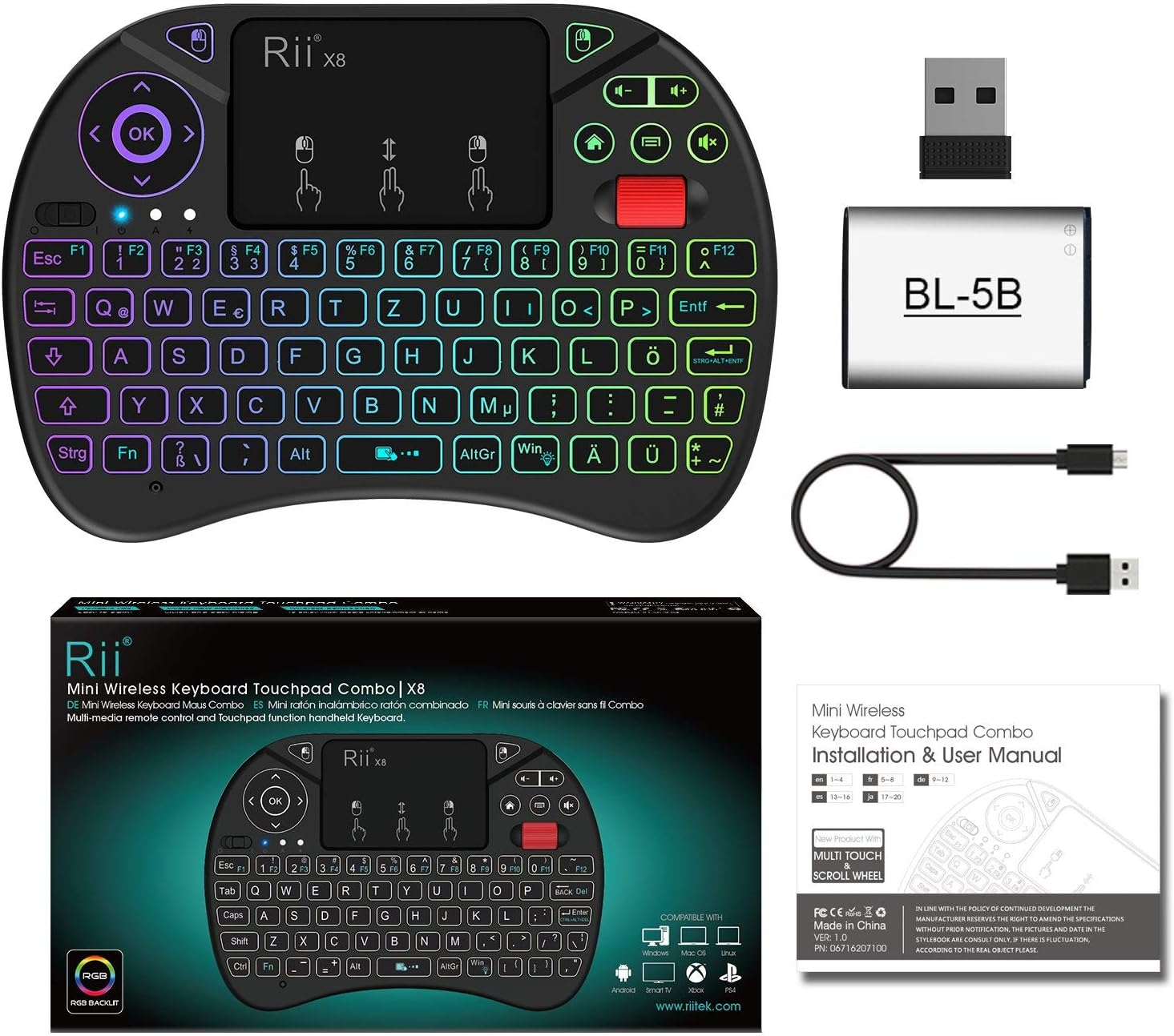 Eine schwarze Tastatur-Maus-Kombination mit einem Touchpad und einem USB-Dongle.