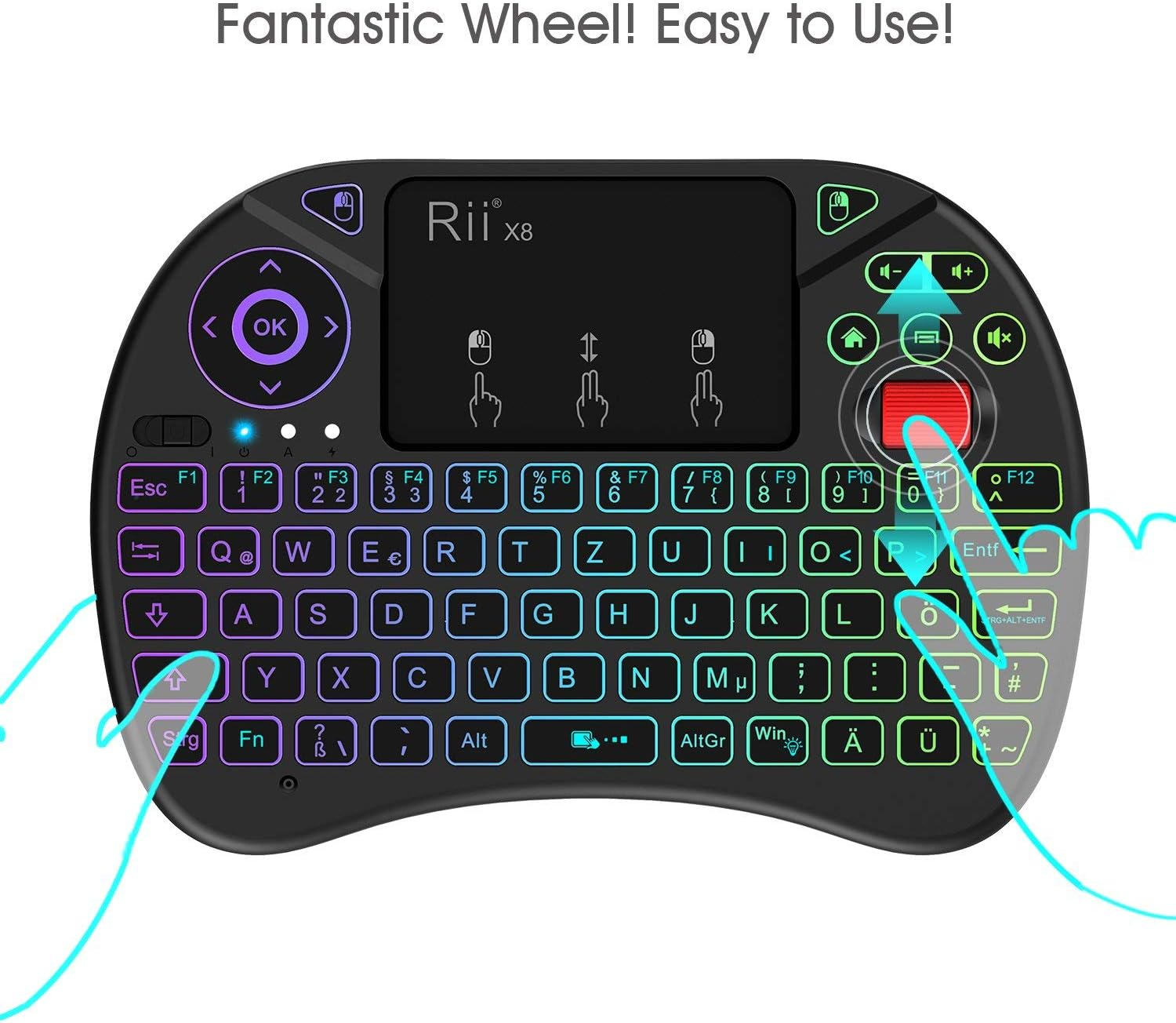Eine schwarze Tastatur mit Touchpad, beleuchteten Tasten und Multimedia-Steuerelementen.
