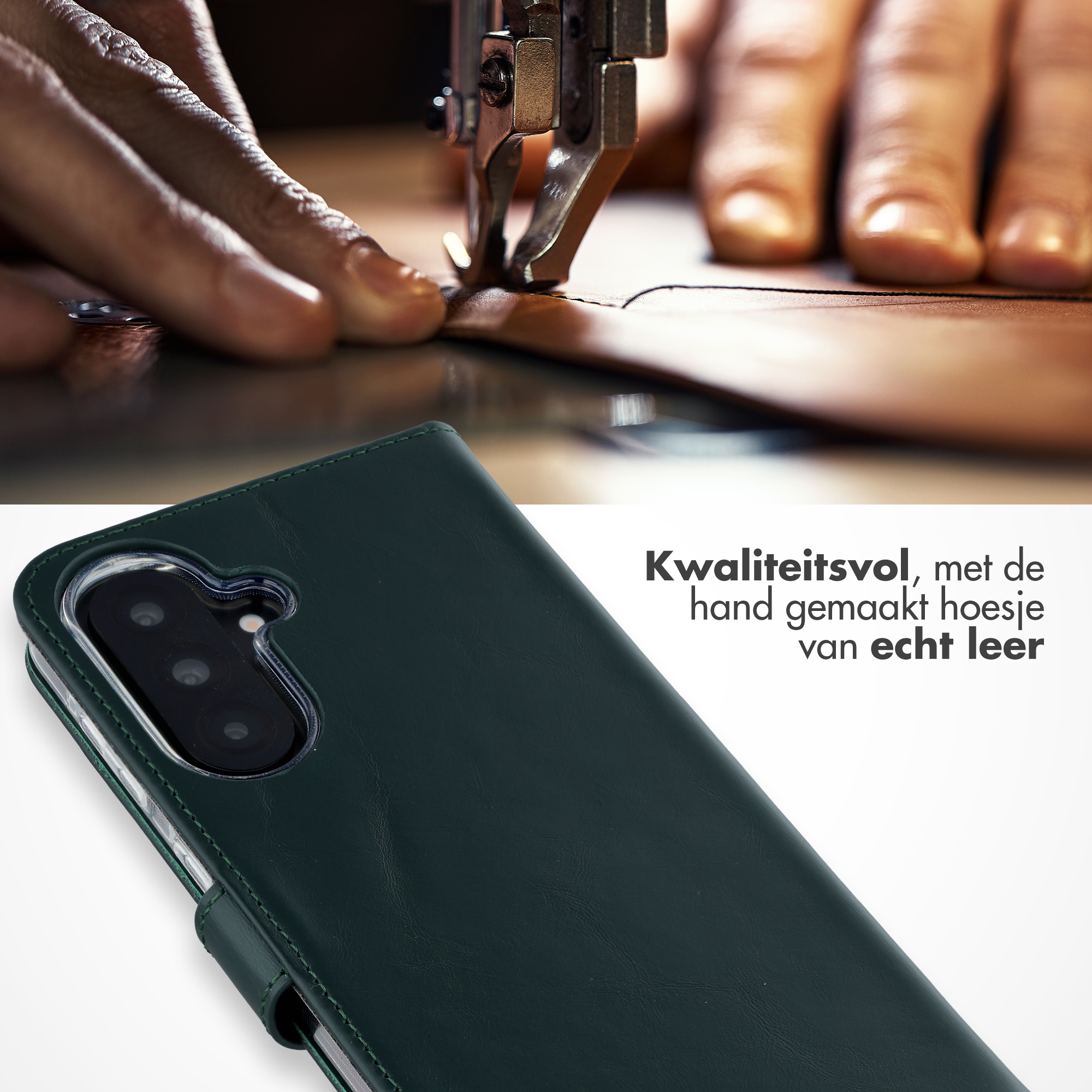 Groene lederen telefoonhoesje naast naaimachine en handen.