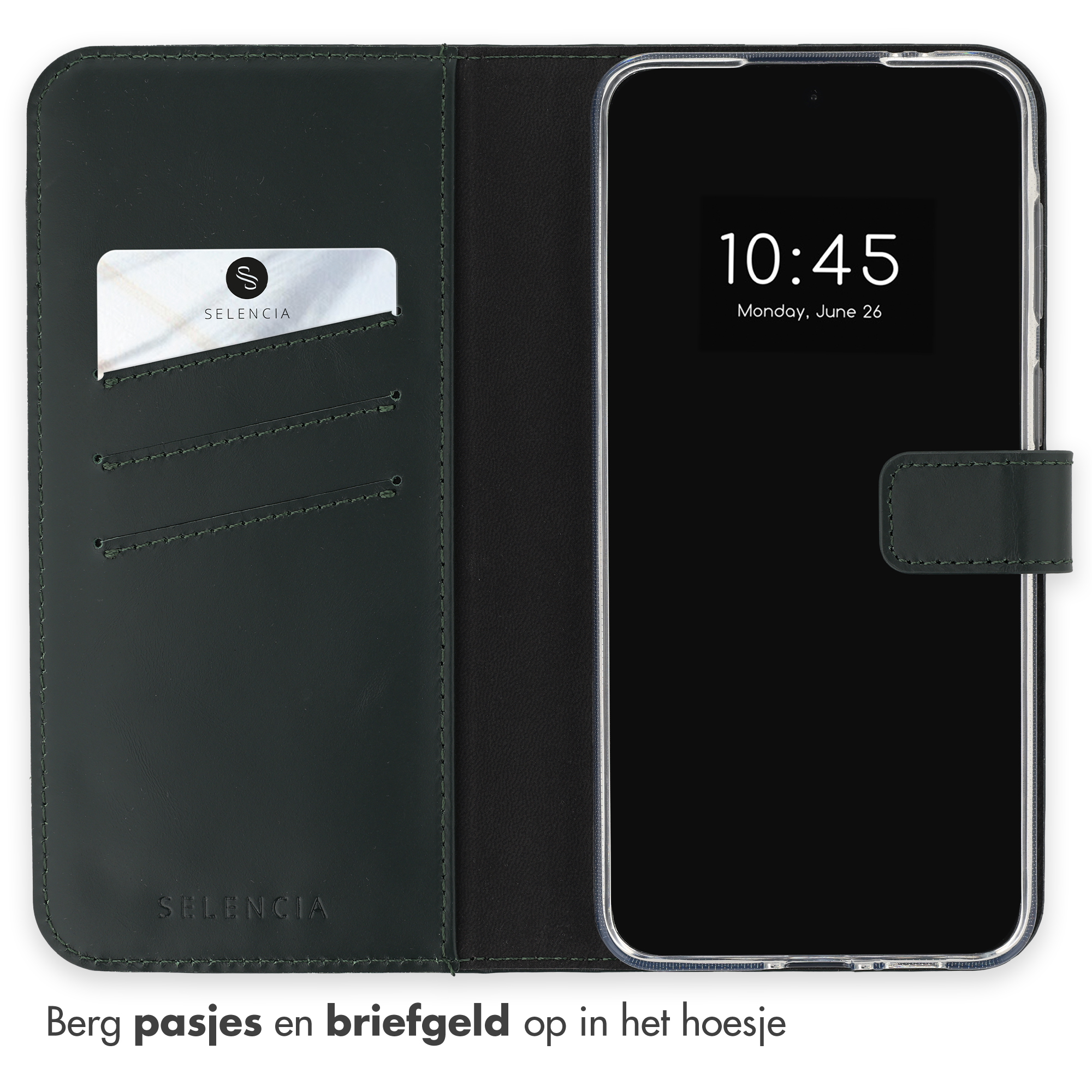 Donkergroene telefoonhoes met kaarthouders en een smartphone.