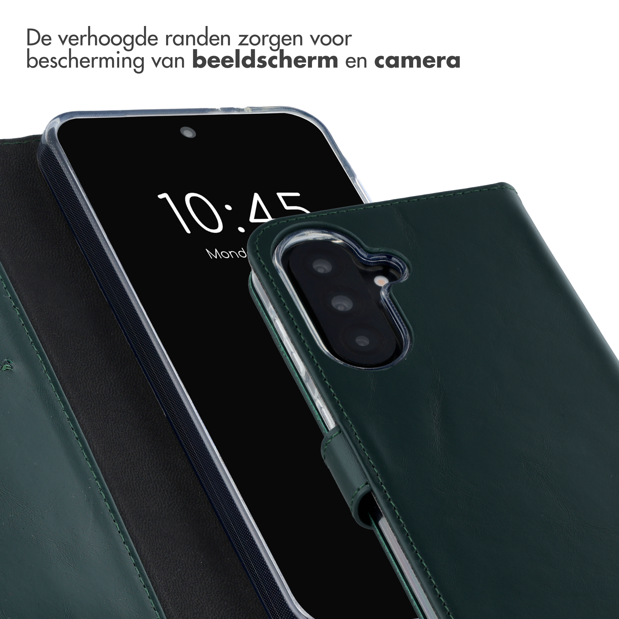 Donkergroene telefoonhoes met camera-uitsparing en schermweergave.