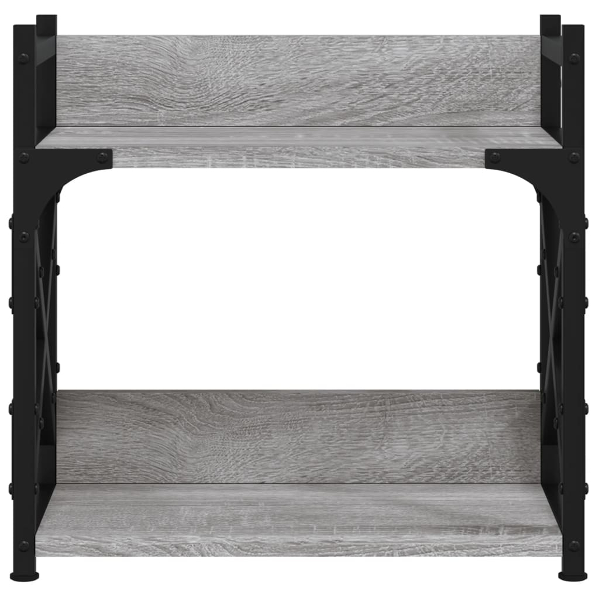 Ein zweistöckiges Regal aus grauem Holz mit schwarzem Metallrahmen.