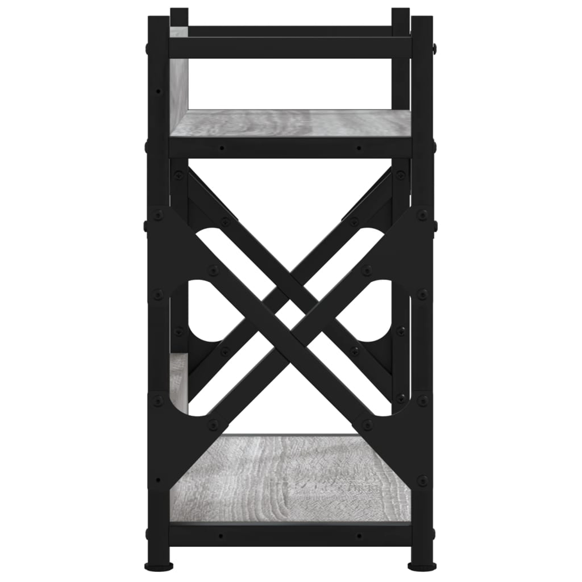 Ein schwarzes Regal mit Holzböden und gekreuzten Metallstreben.