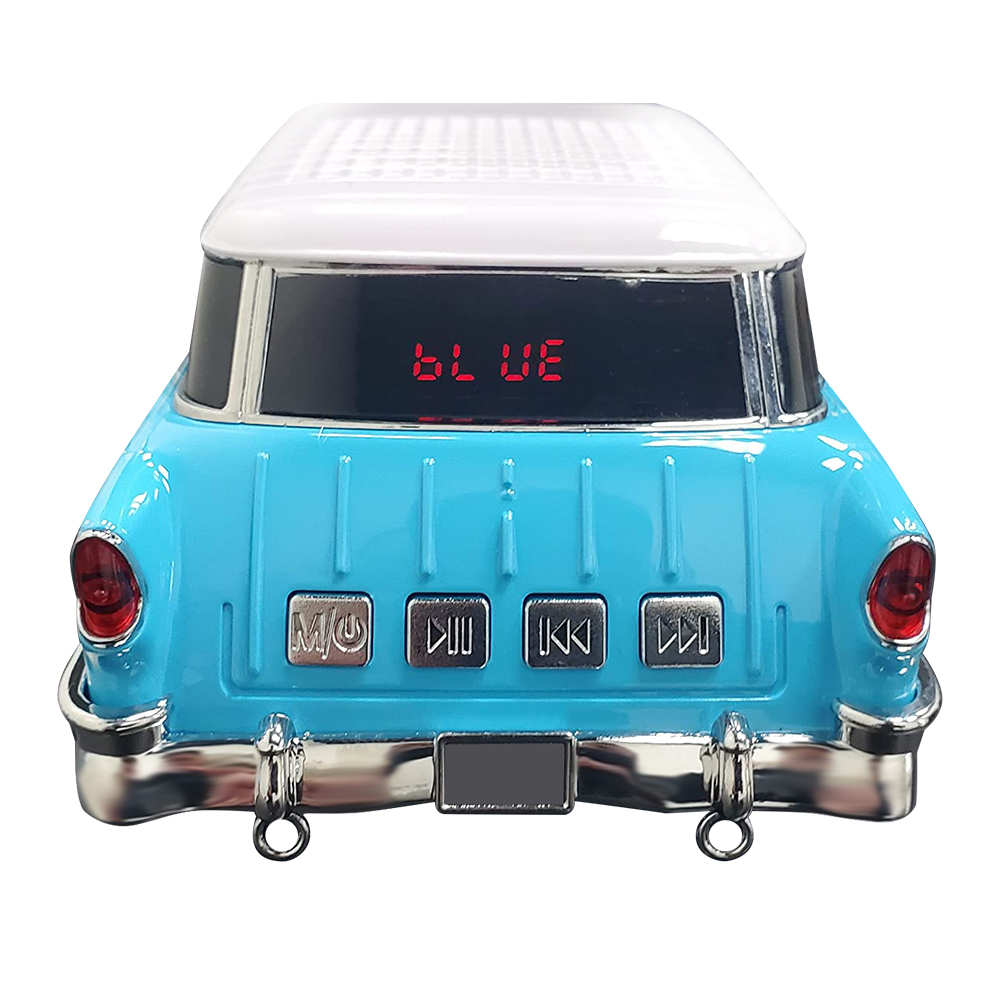 Ein blauer Lautsprecher im Stil eines Oldtimers mit weißen Akzenten und roten Lichtern.