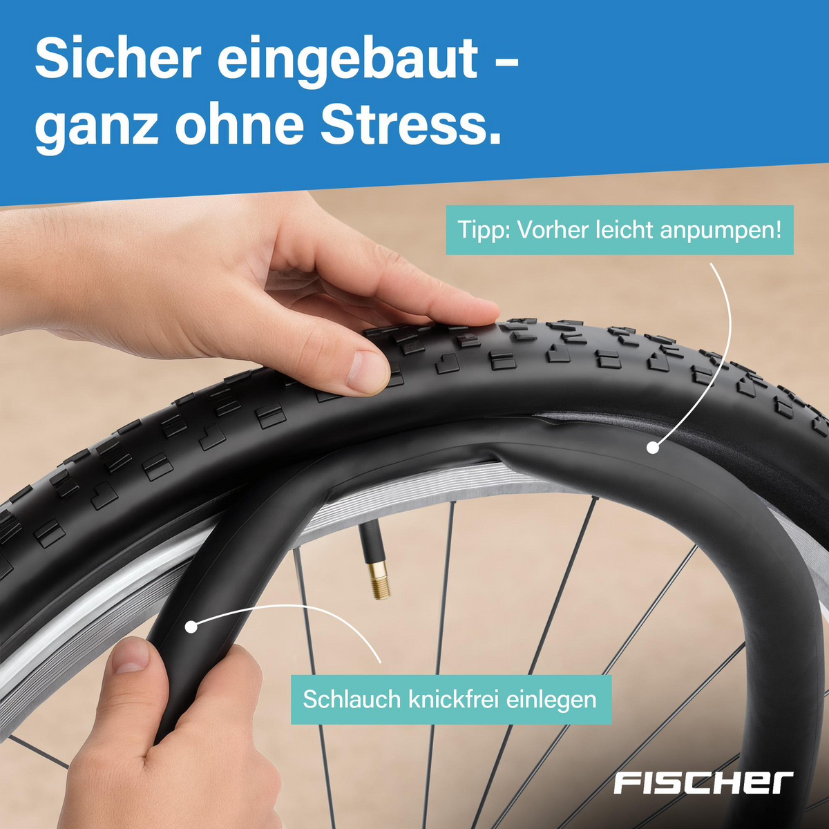 Fahrradschlauch wird in Reifen gelegt, mit Hinweisen zum Einlegen.