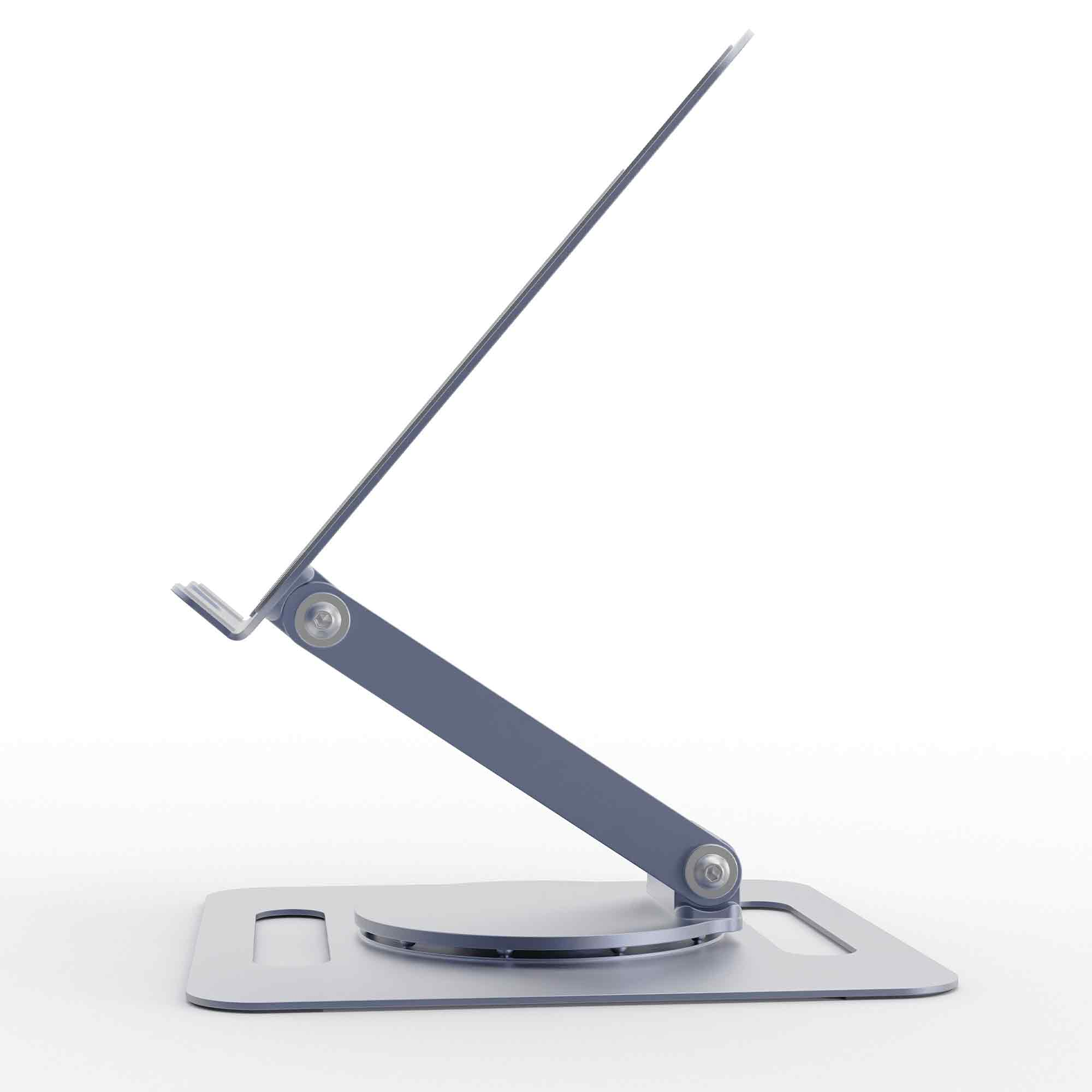 Ein grauer, verstellbarer Ständer für Laptops oder Tablets auf weißem Hintergrund.
