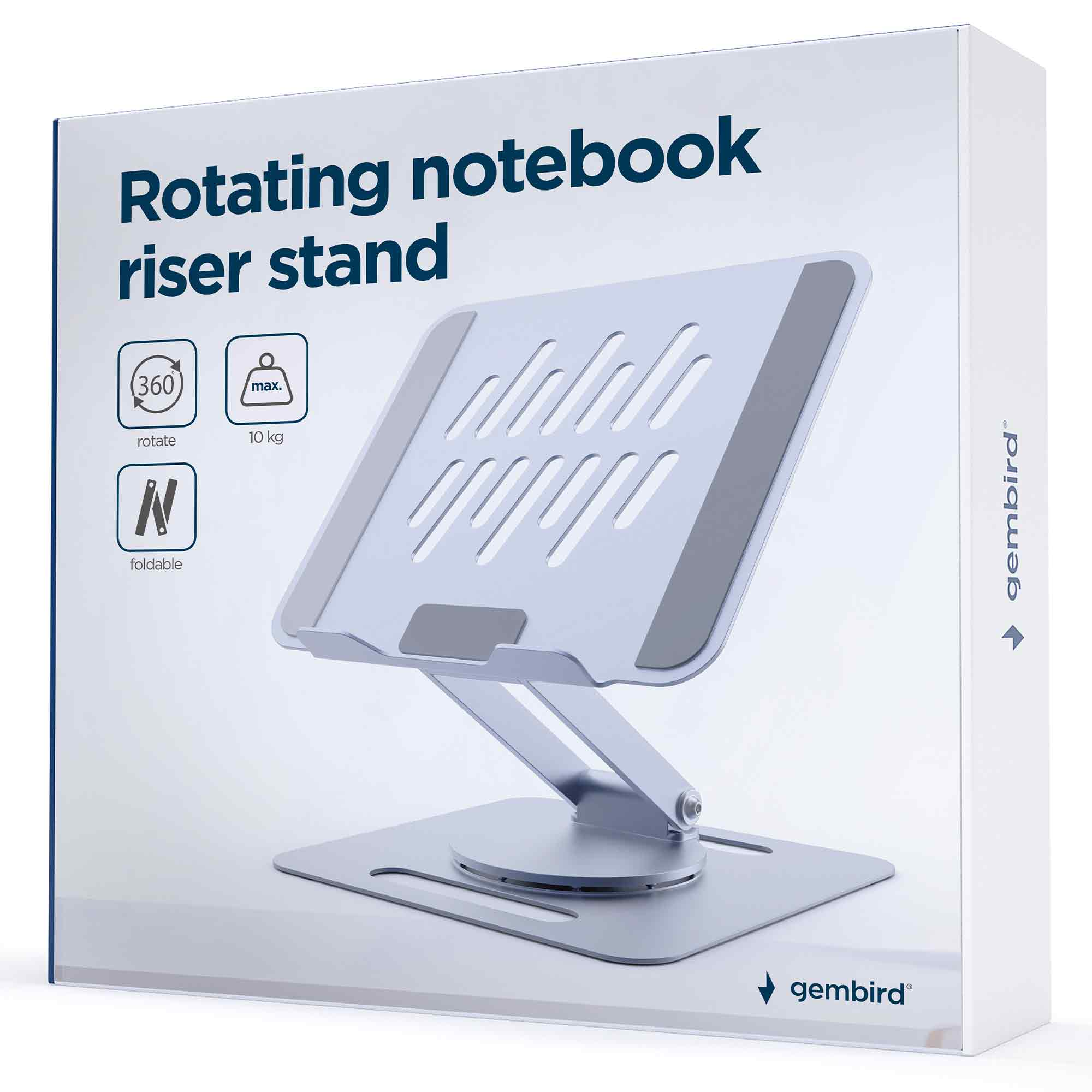 Ein silberner rotierender Notebook-Ständer wird gezeigt. Features 360 Grad drehbar, 10kg max Last, faltbar.