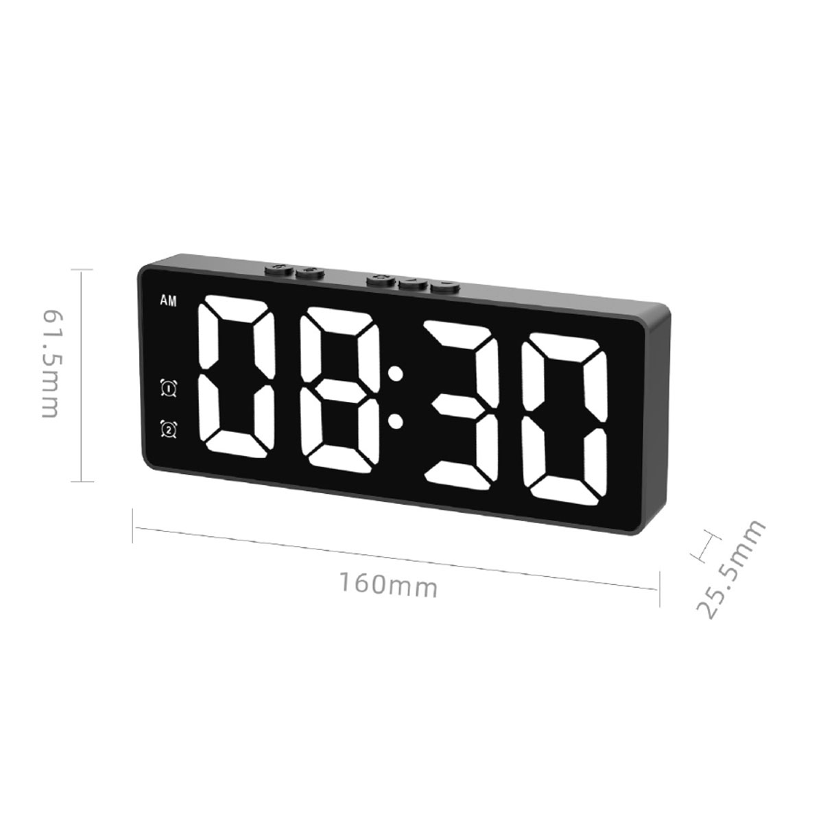 Ein digitaler Wecker zeigt 08:30 AM an. Maße sind angegeben.