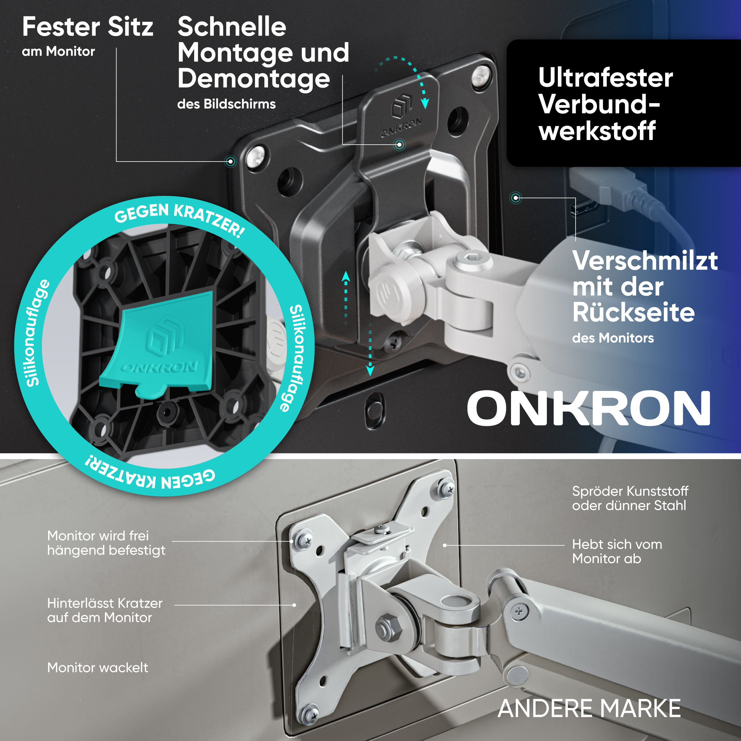 Detailansicht einer Monitorhalterung: Fester Sitz, schnelle Montage, Silikonauflage gegen Kratzer.