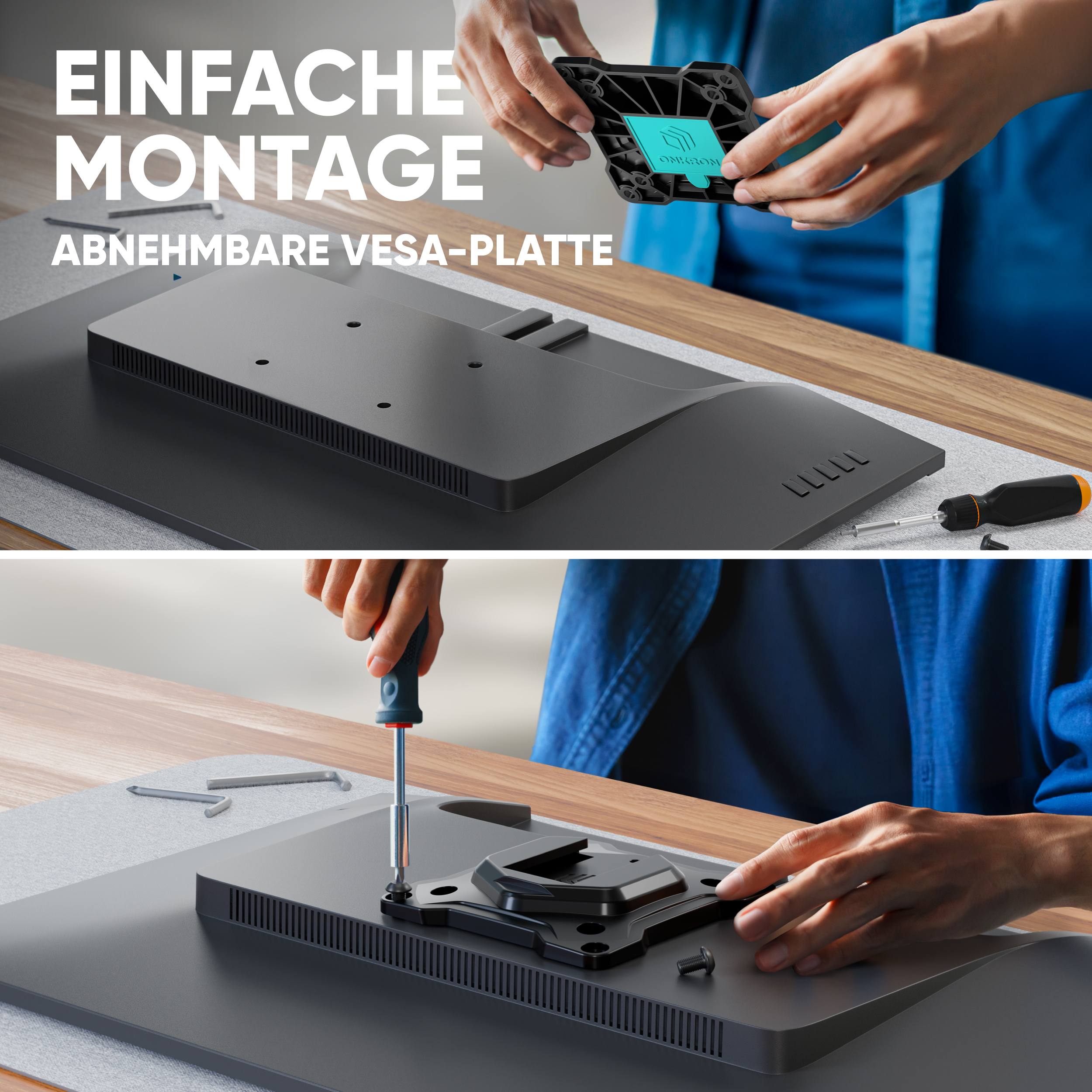 Hände befestigen eine VESA-Halterung an einem Monitor. Einfache Montage.