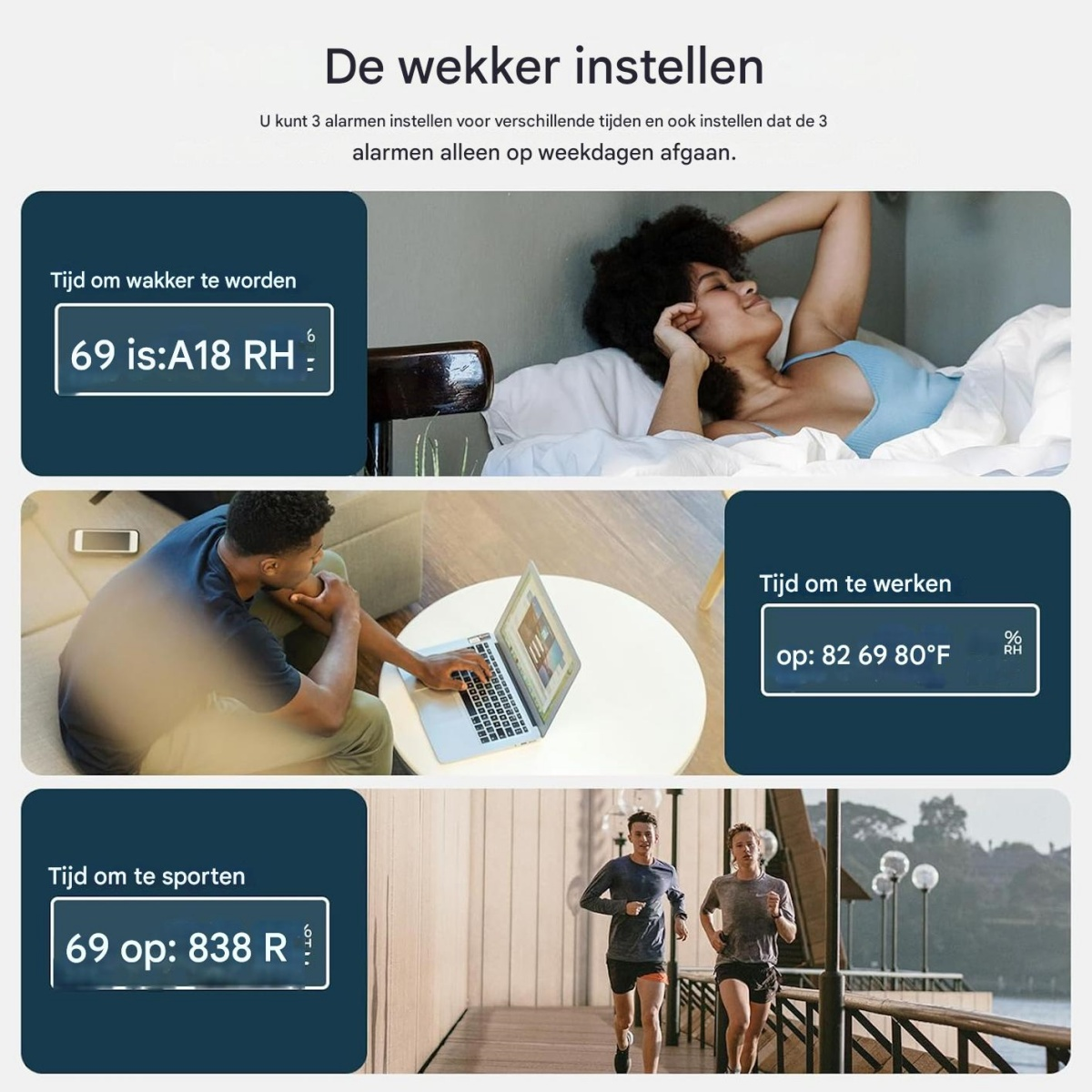 Eine Frau wacht im Bett auf, ein Mann arbeitet am Laptop, Läufer auf einem Steg.
