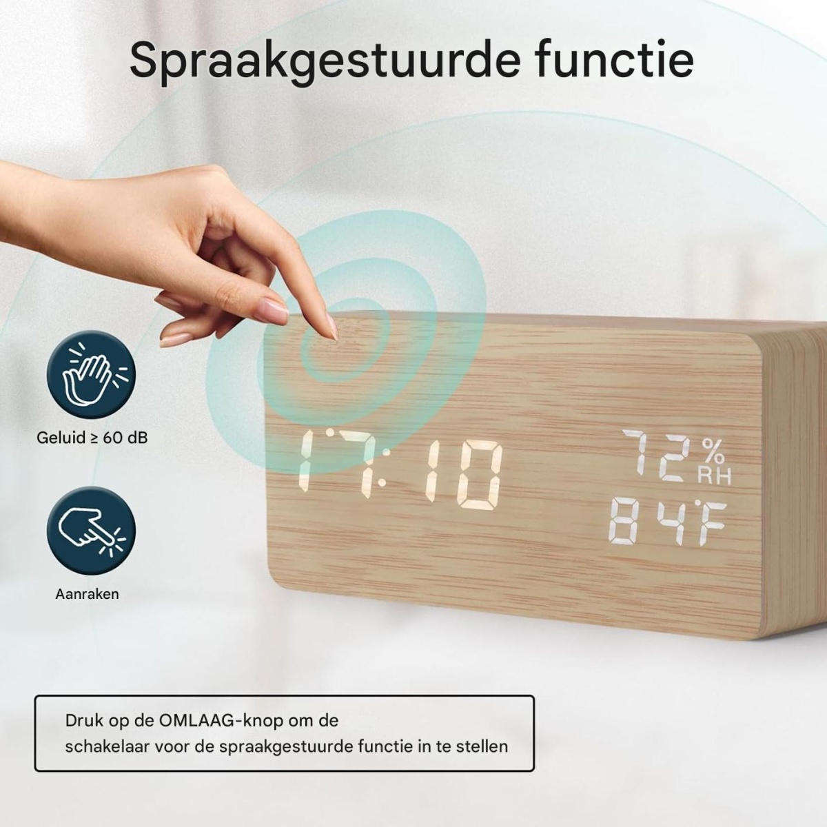 Holzwecker mit digitaler Anzeige zeigt 17:10, 72% Luftfeuchtigkeit und 84F.