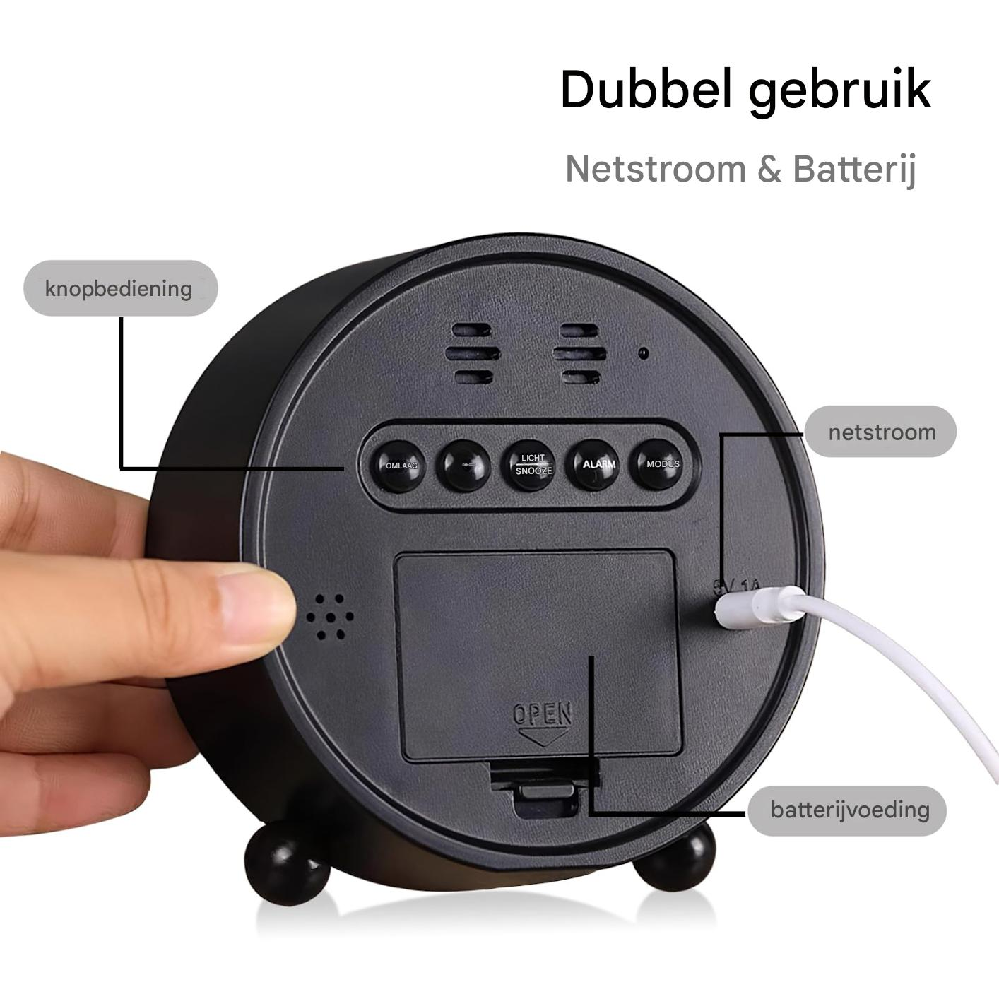 Rückseite eines schwarzen Weckers mit Beschriftungen für Tasten, Netzstrom und Batterie.