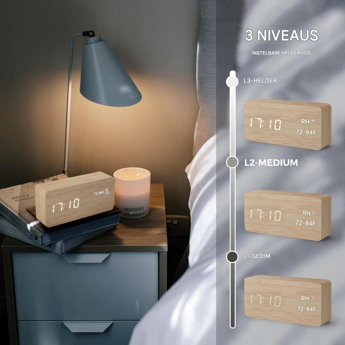 Ein Holzwecker mit digitaler Uhr und Thermometer neben einer Kerze und Lampe.