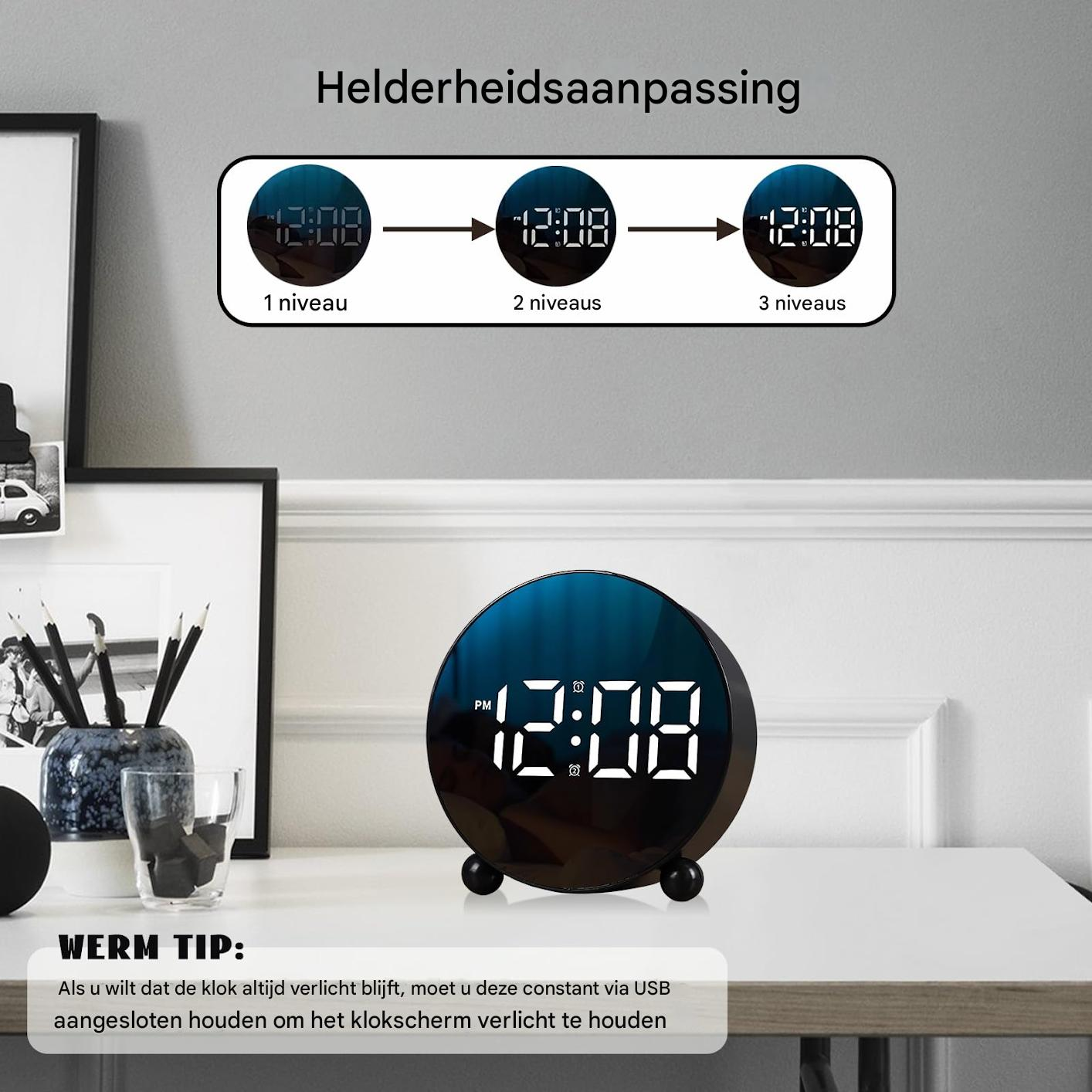 Ein digitaler Wecker mit drei Helligkeitsstufen. Die aktuelle Zeit ist 12:08.
