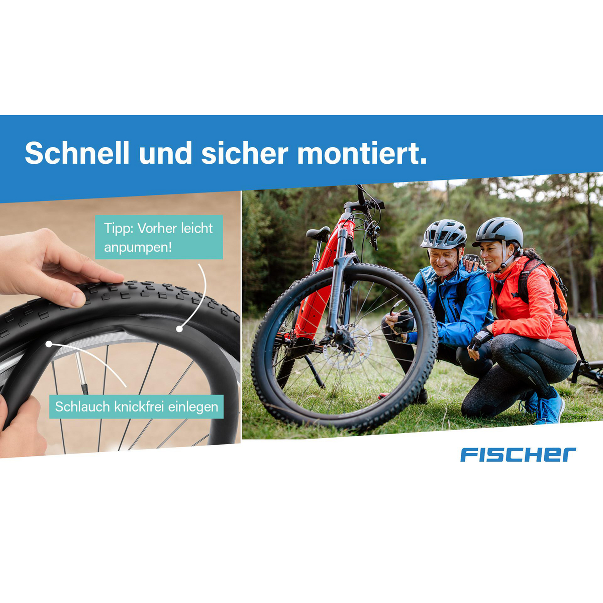 Schnelle Montage: Ein Mann und eine Frau montieren ein Fahrrad. Nahaufnahme zeigt Einlegen des Schlauchs.