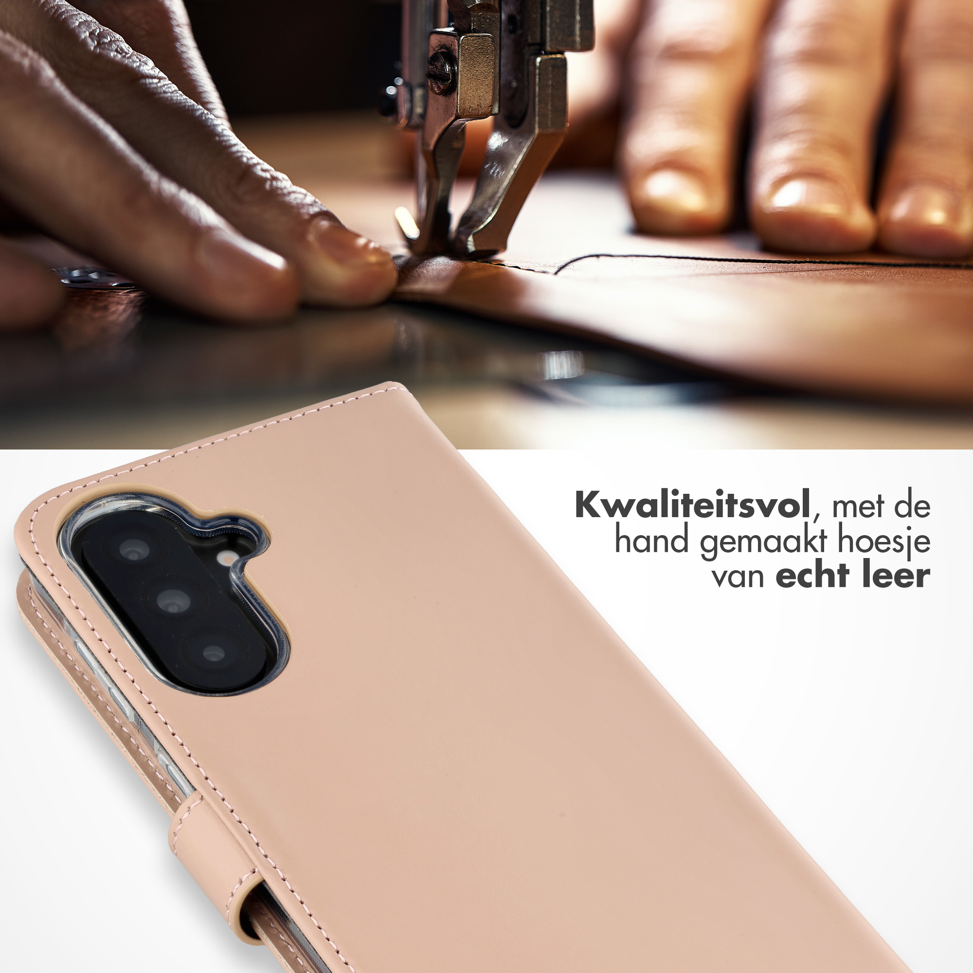 Handen naaien een lichtbruin lederen telefoonhoesje met een naaimachine.