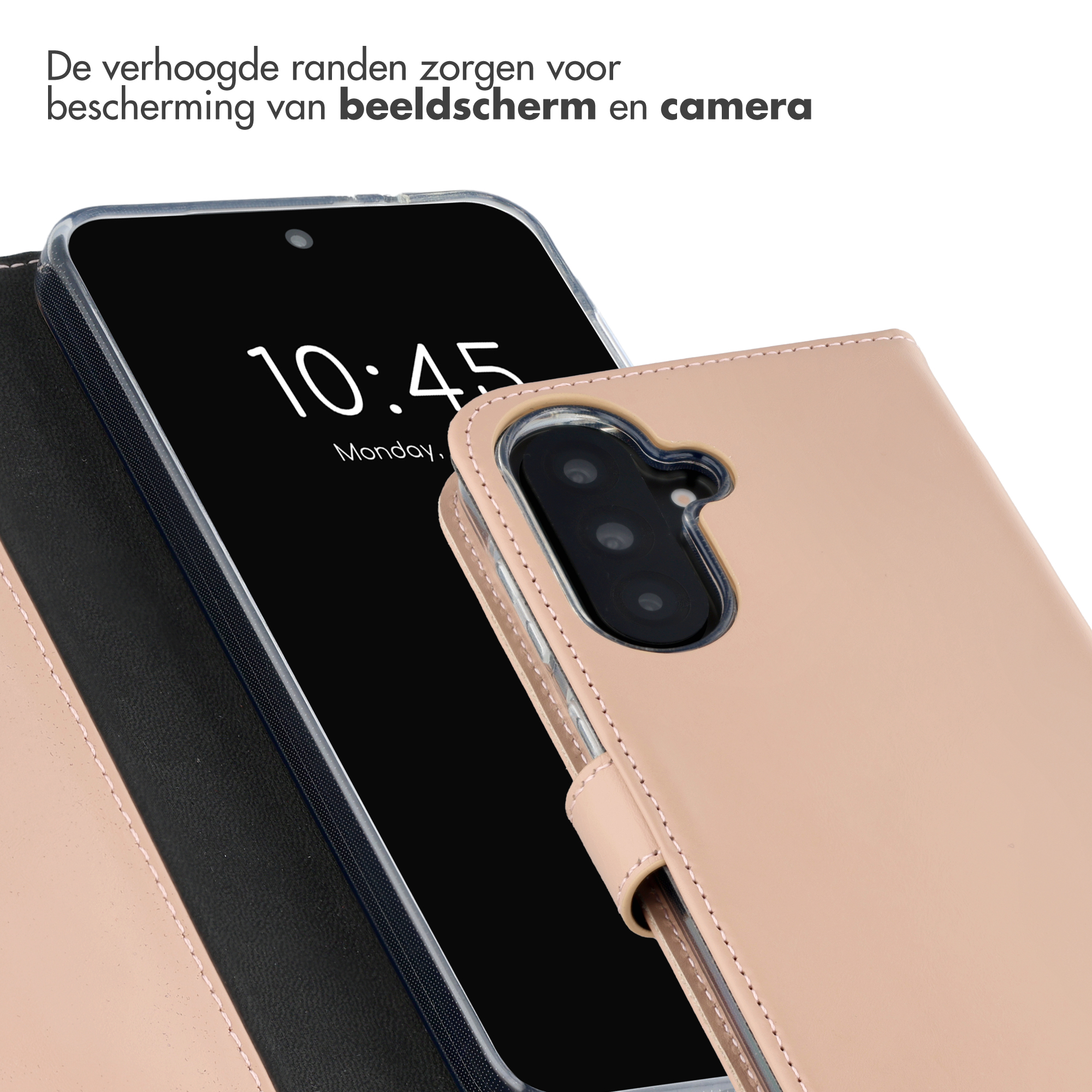 Een lichtbruine telefoonhoes bedekt een smartphone met 10:45 erop.