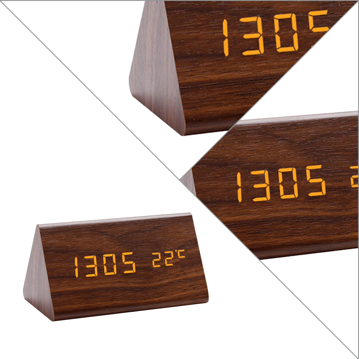 Holzdigitaluhr zeigt 13:05 und 22 Grad Celsius an.