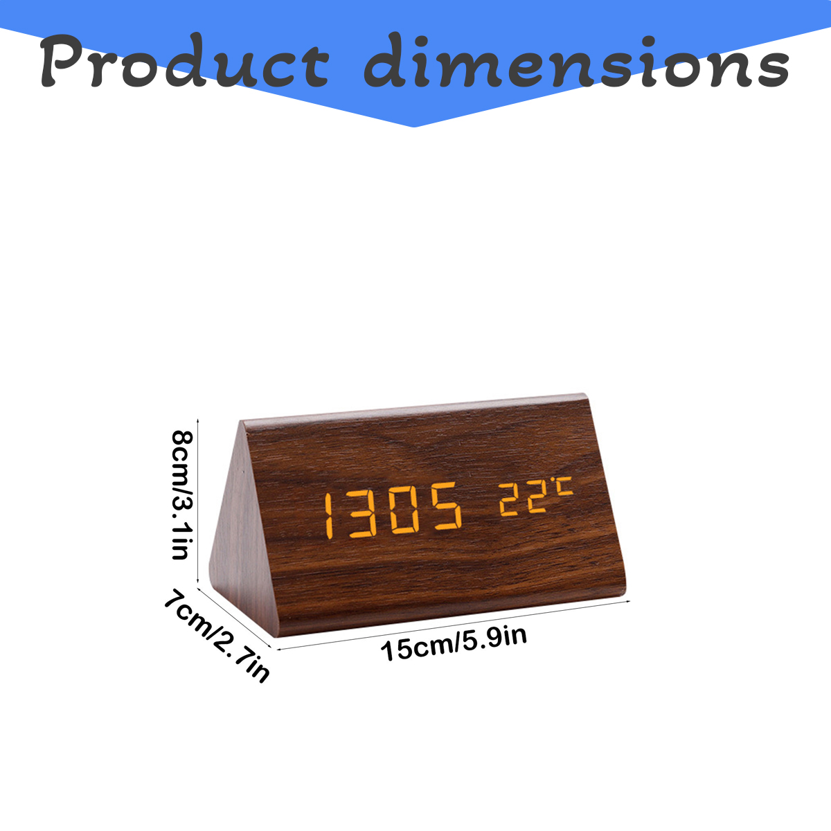 Holzdigitaluhr mit orangenem Display, zeigt 13:05 und 22°C an. Maße: 15x7x8cm.