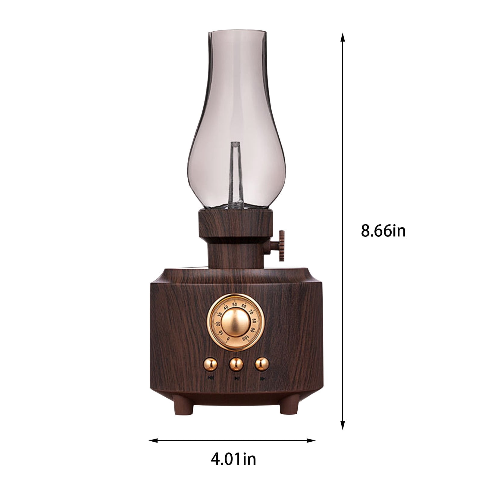 Holzradio im Vintage-Stil mit Lampenschirm und Messing-Drehknopf. H: 8,66 Zoll, B: 4,01 Zoll.