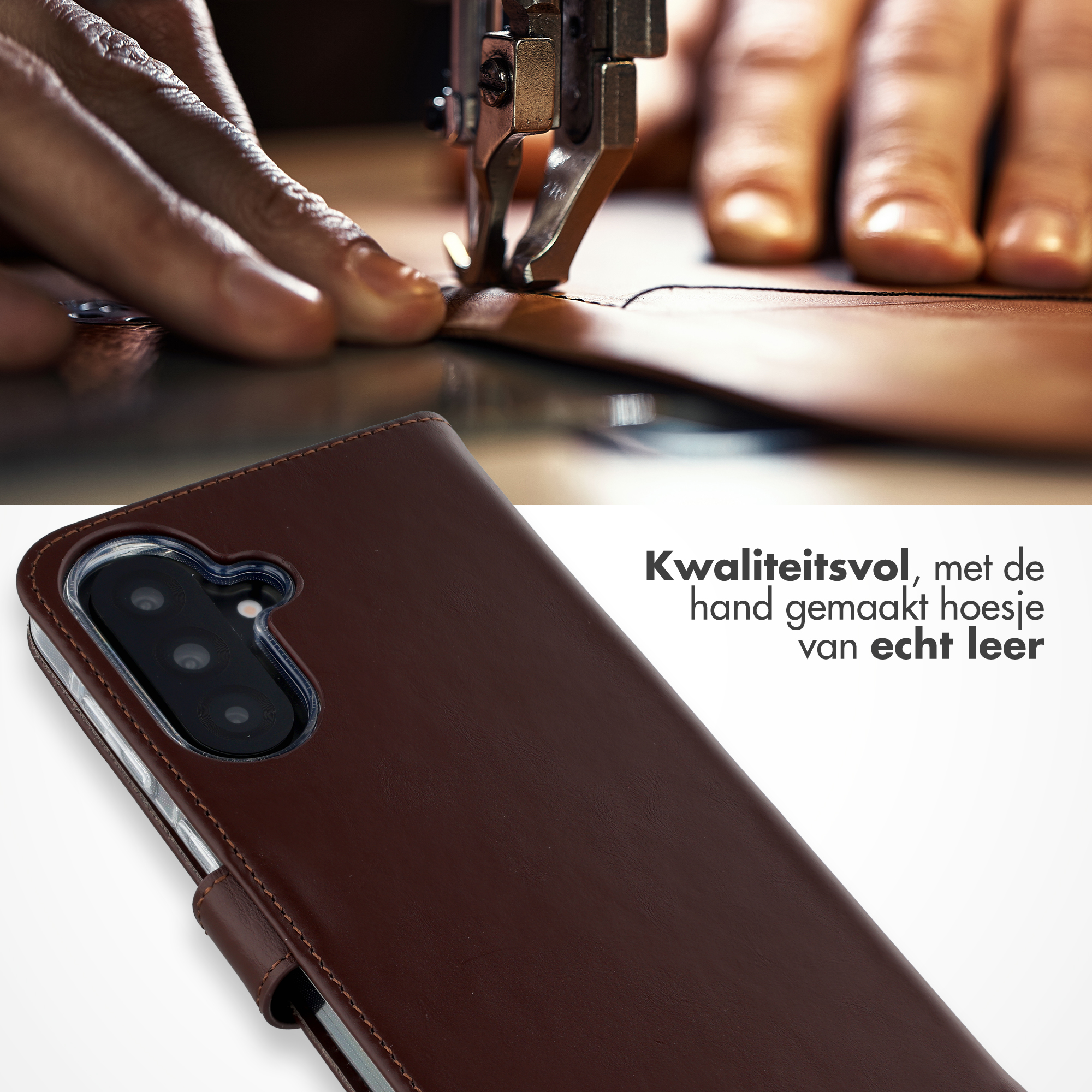 Handen naaien leer voor telefoonhoes met naaimachine.