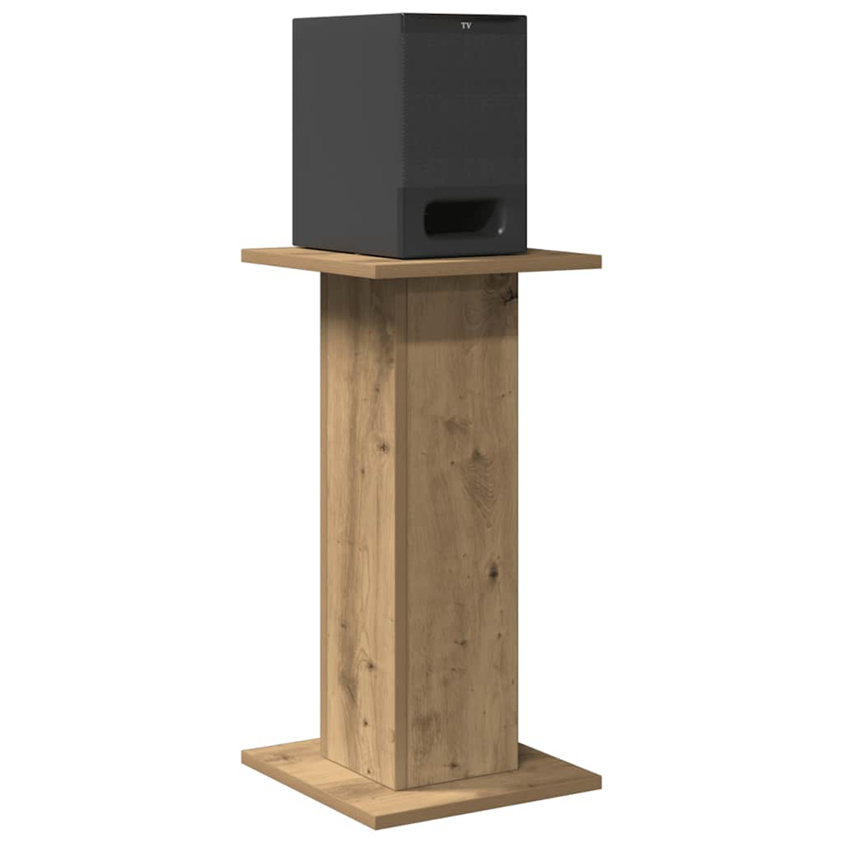 Ein schwarzer Subwoofer steht auf einem hölzernen Lautsprecherständer.