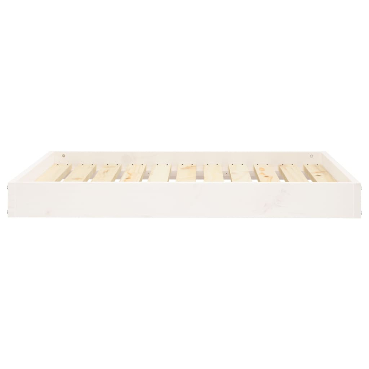 Ein weißer Bettrahmen mit Holzlatten zur Unterstützung einer Matratze.