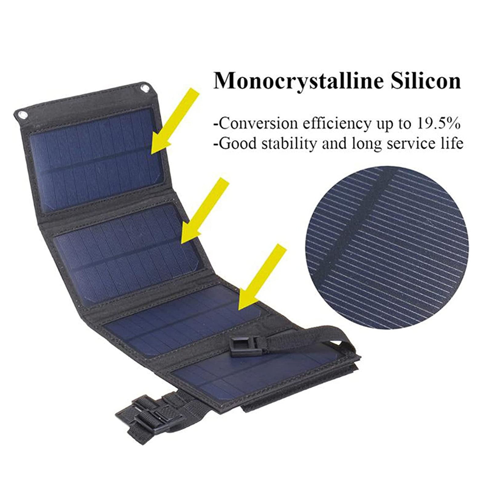 Faltbares Solarpanel mit blauen Zellen und schwarzem Rahmen, Text hebt Effizienz hervor.