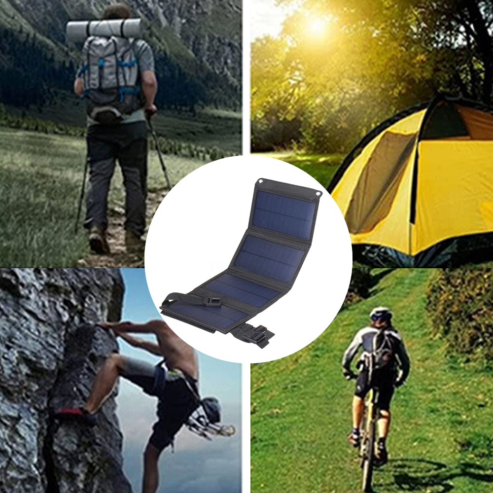 Ein Wanderer, ein Kletterer, ein Radfahrer und ein Solarpanel vor einem Zelt.