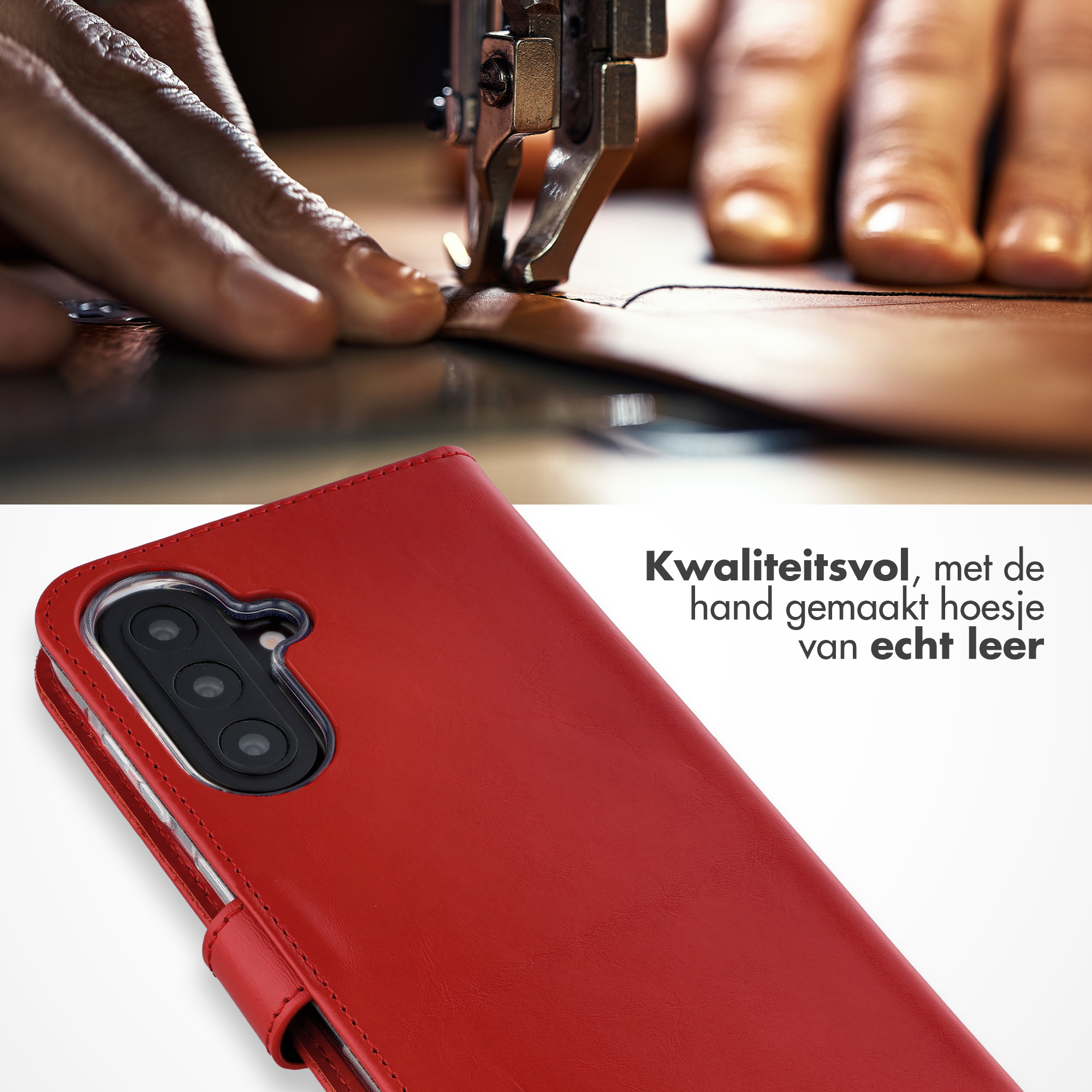 Handen naaien leer met naaimachine. Rode leren telefoonhoes.