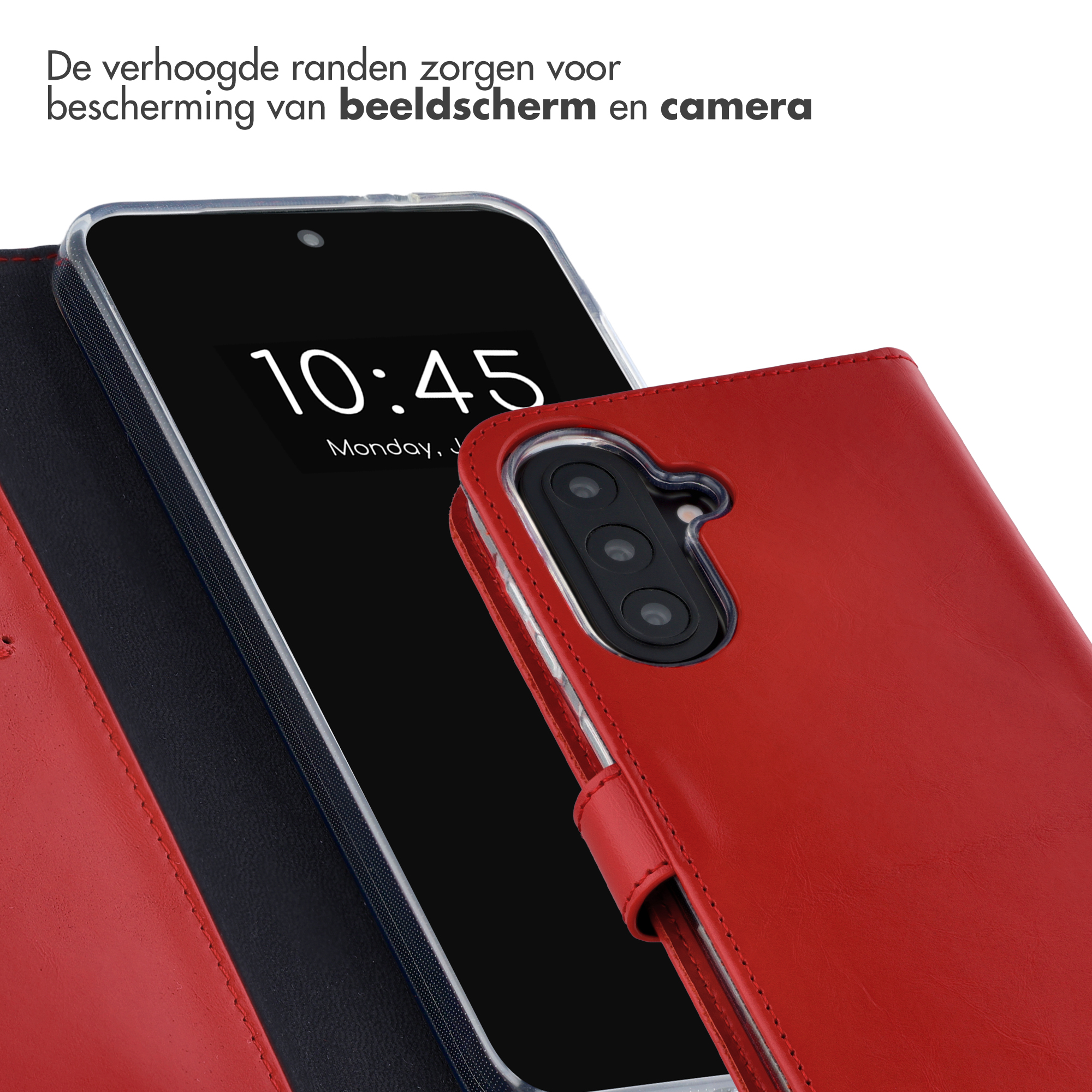 Rode telefoonhoes met camera-uitsparing en zwart scherm dat 10:45 toont.