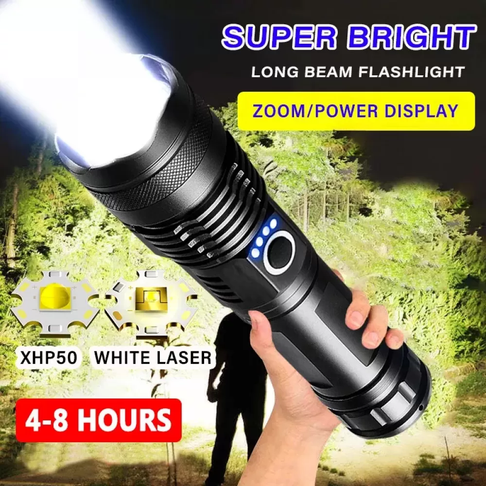 Super helle Taschenlampe mit Zoom, XHP50, 4-8 Stunden Laufzeit.